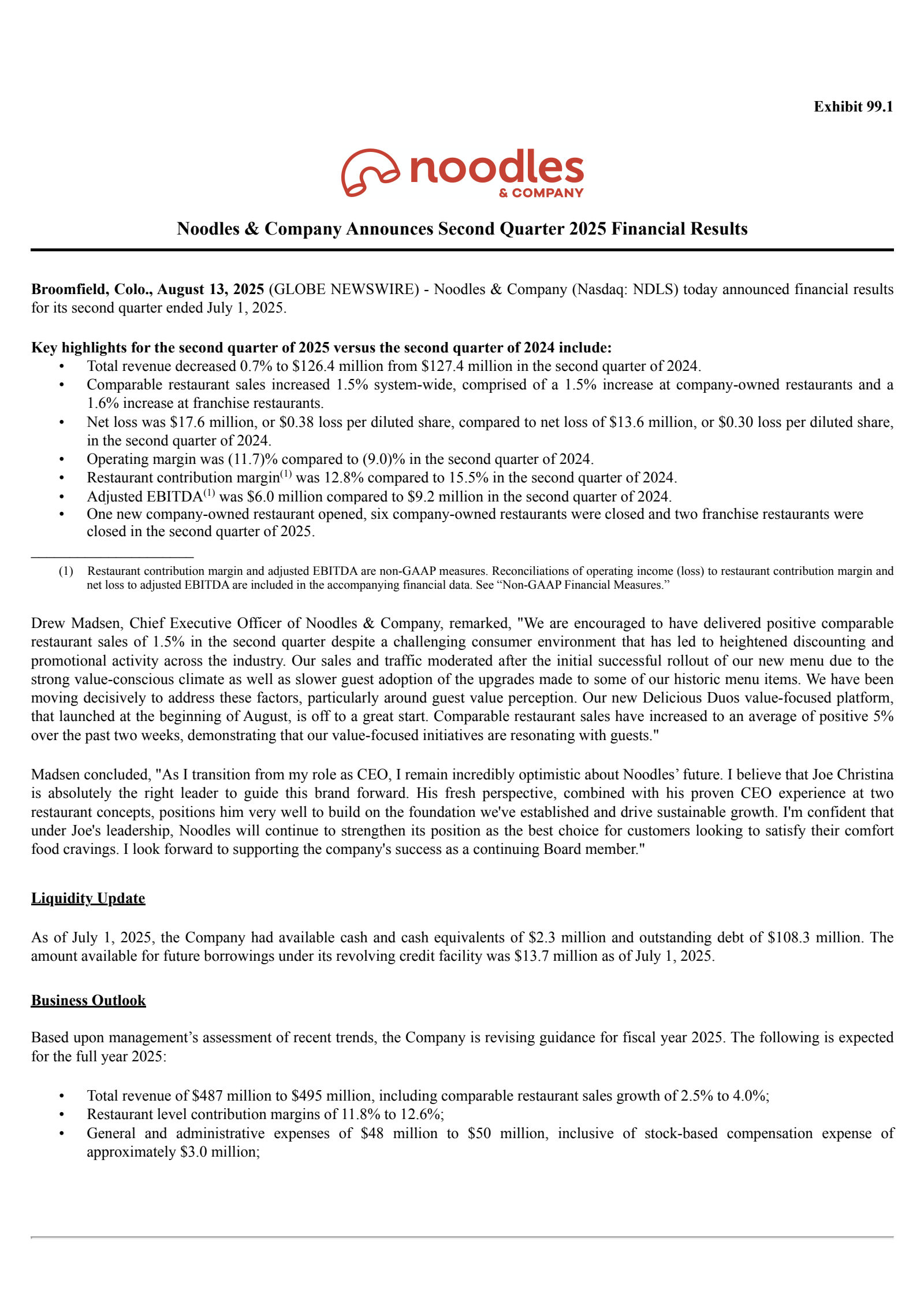 Noodles & Company's Q2 2025 Press Release