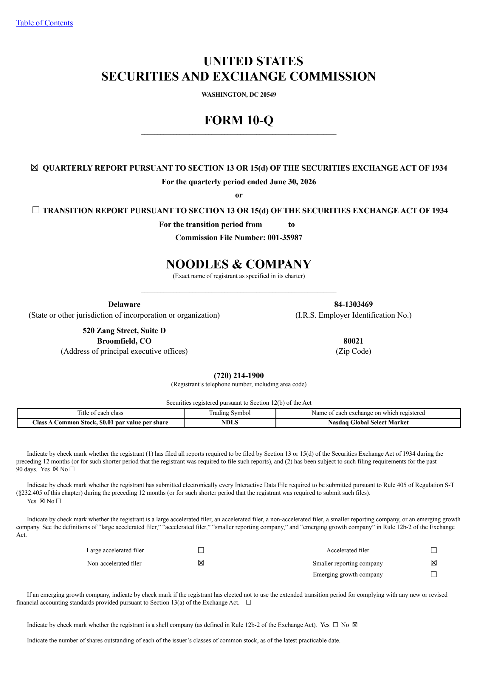 Noodles & Company's Q2 2026 Quarterly report