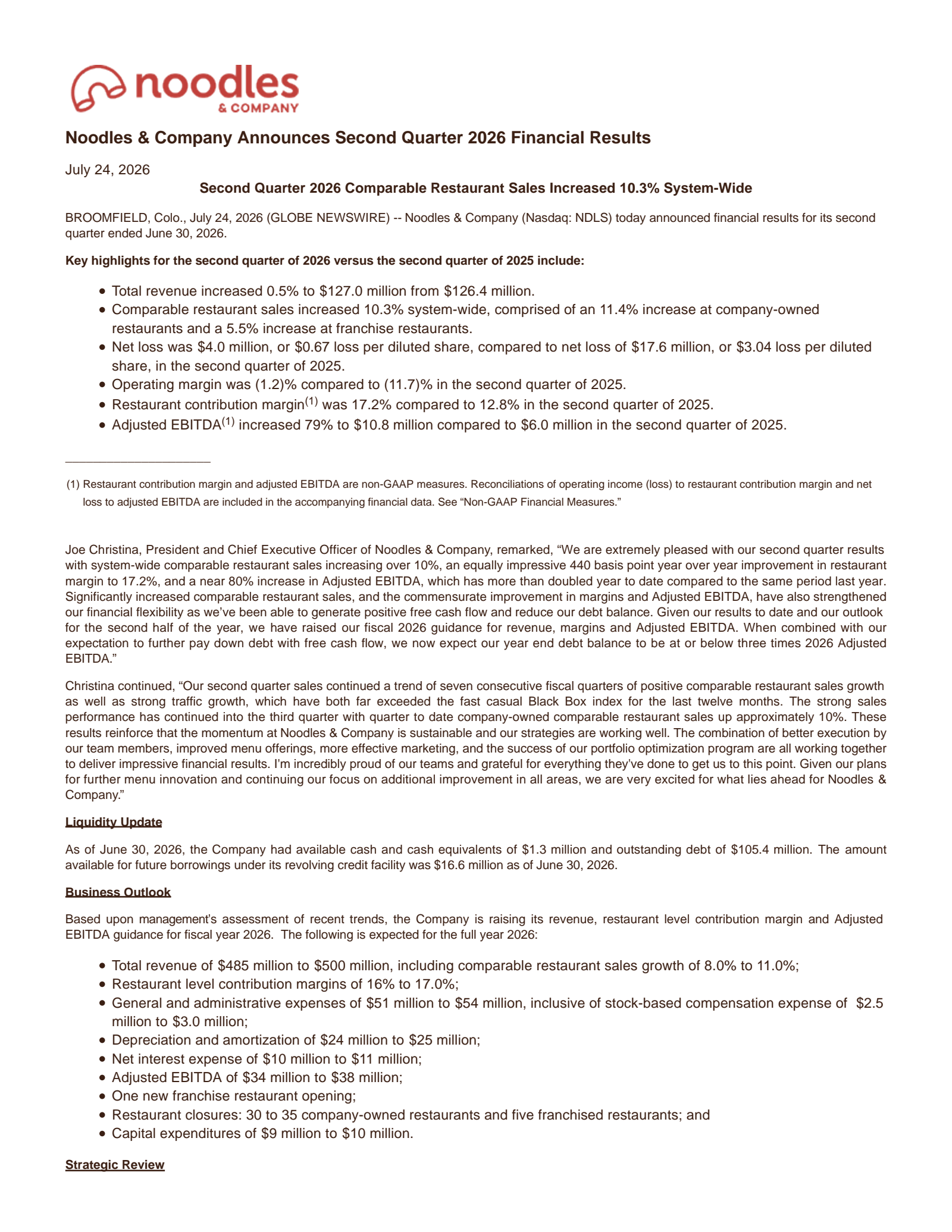 Noodles & Company's Q2 2026 Press Release