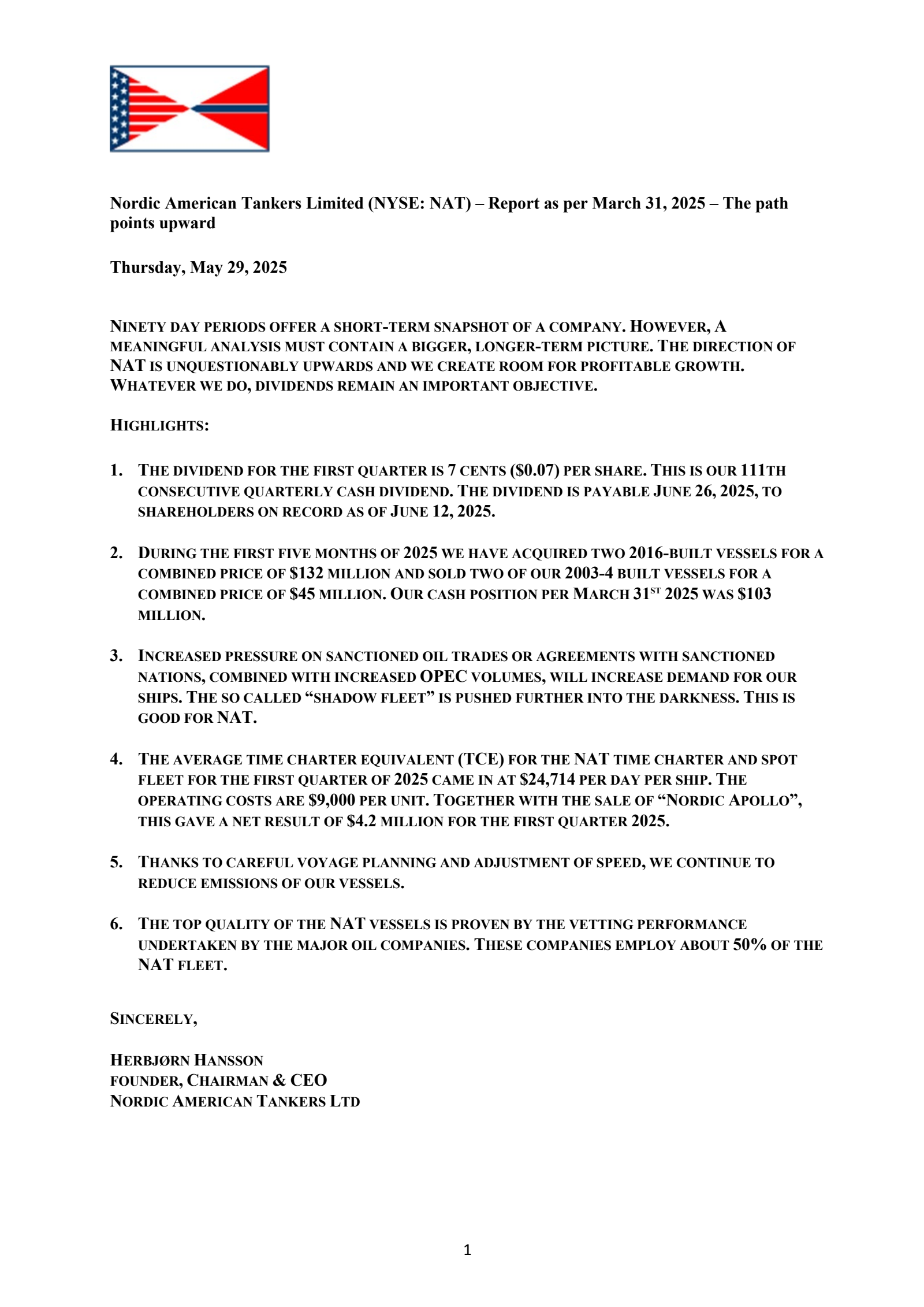Nordic American Tankers' Q1 2025 Press Release