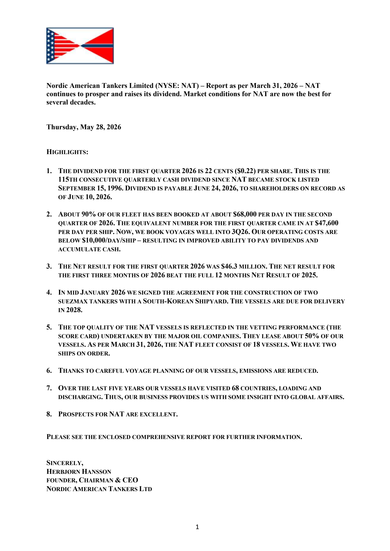 Nordic American Tankers' Q1 2026 Press Release