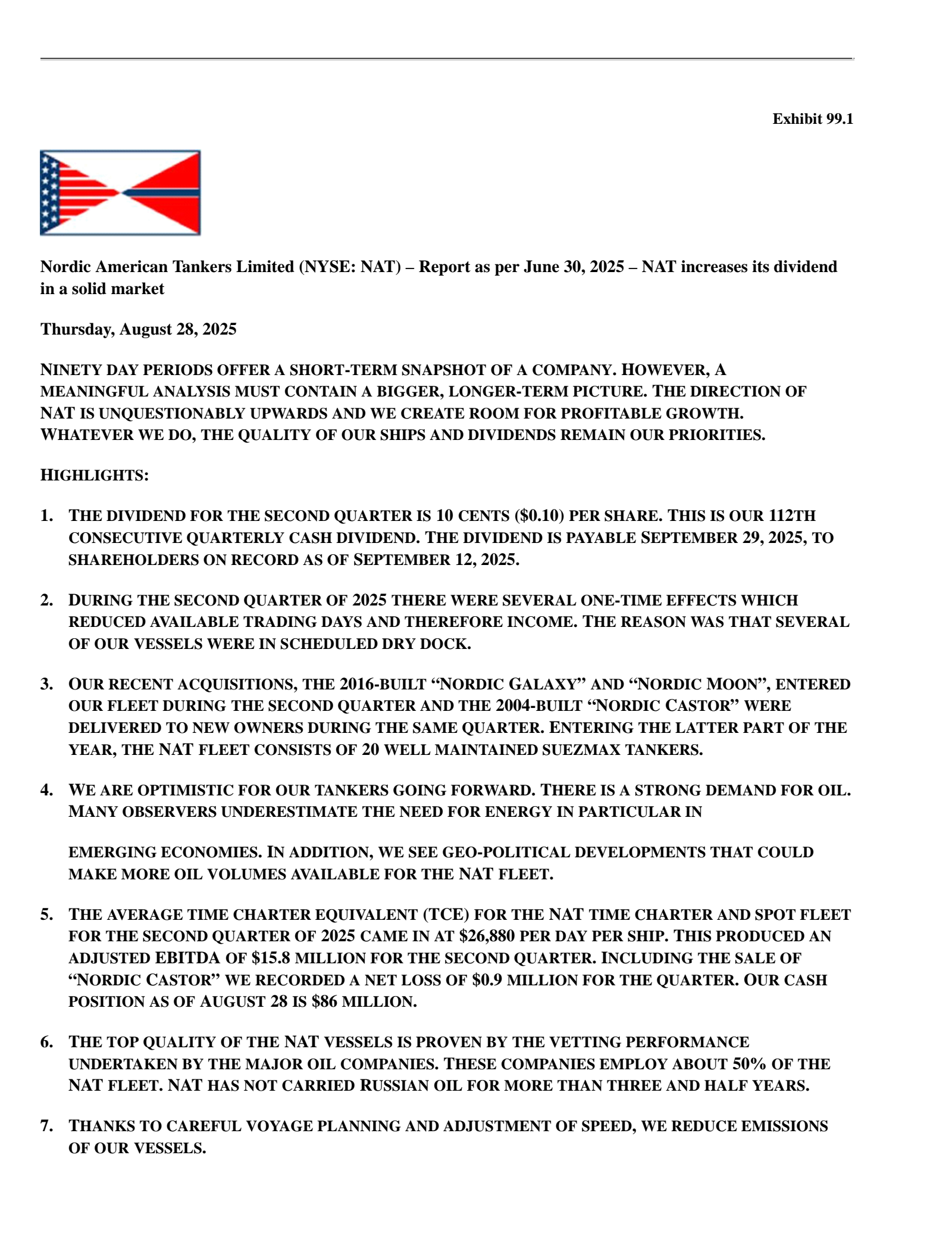 Nordic American Tankers' Q2 2025 Earnings Release