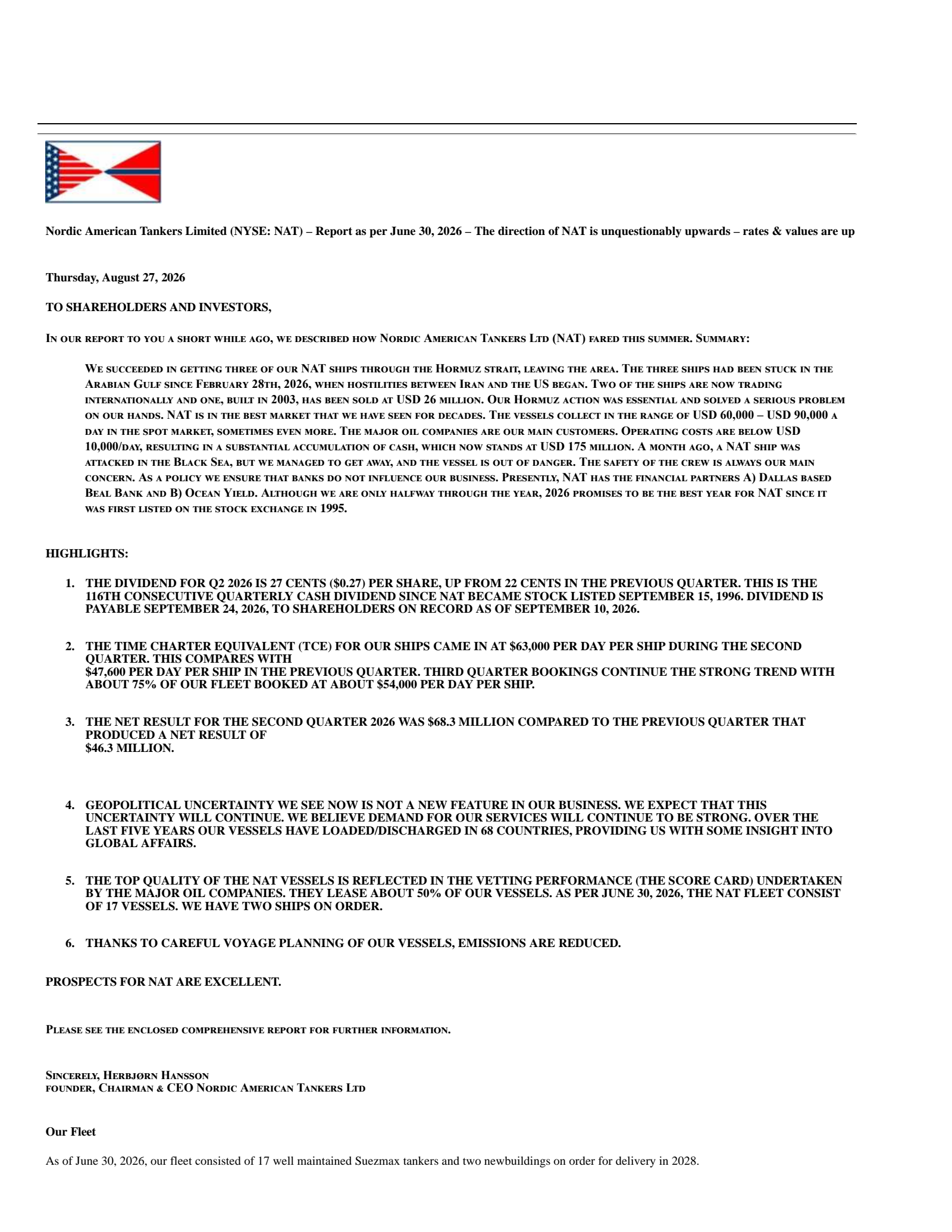 Nordic American Tankers' Q2 2026 Press Release