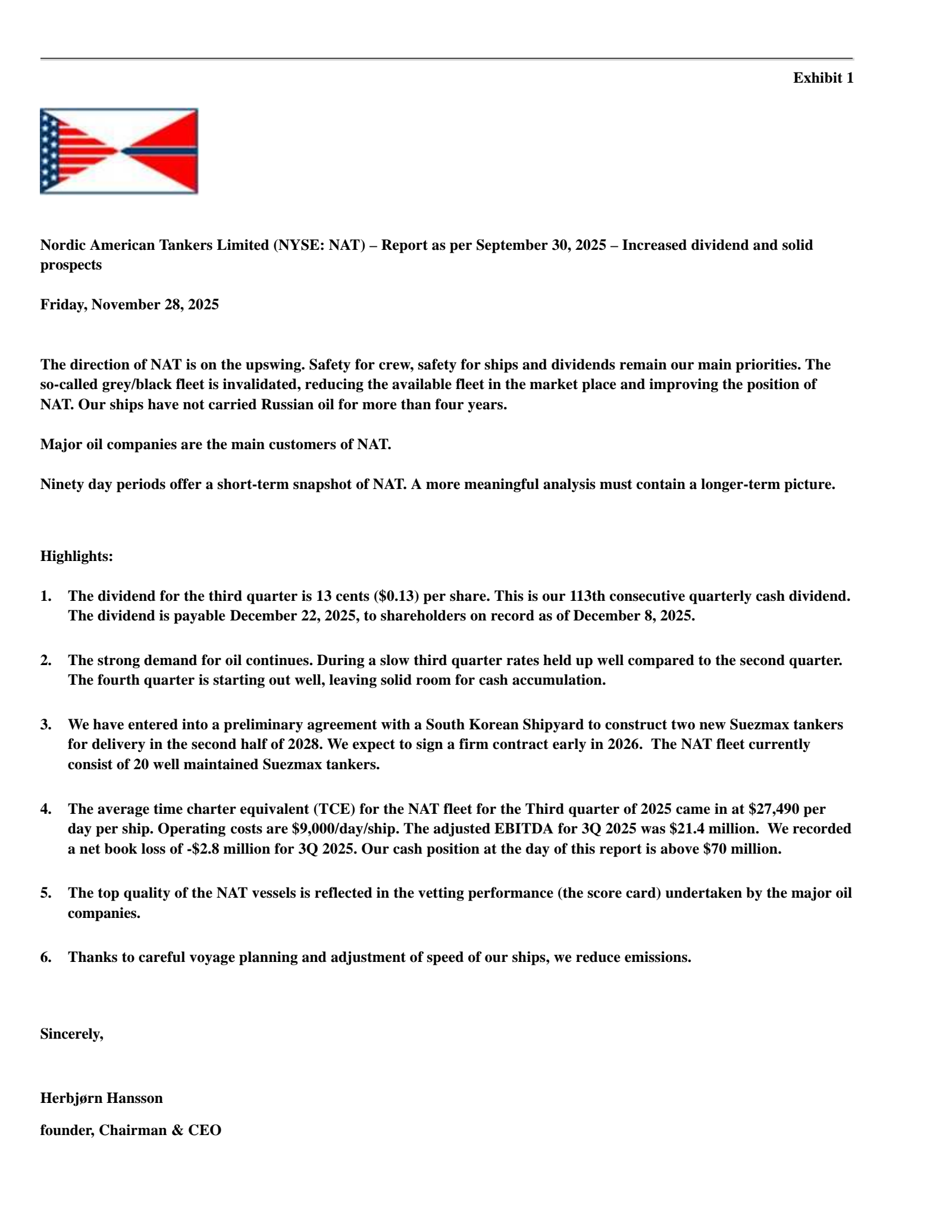 Nordic American Tankers' Q3 2025 Earnings Release