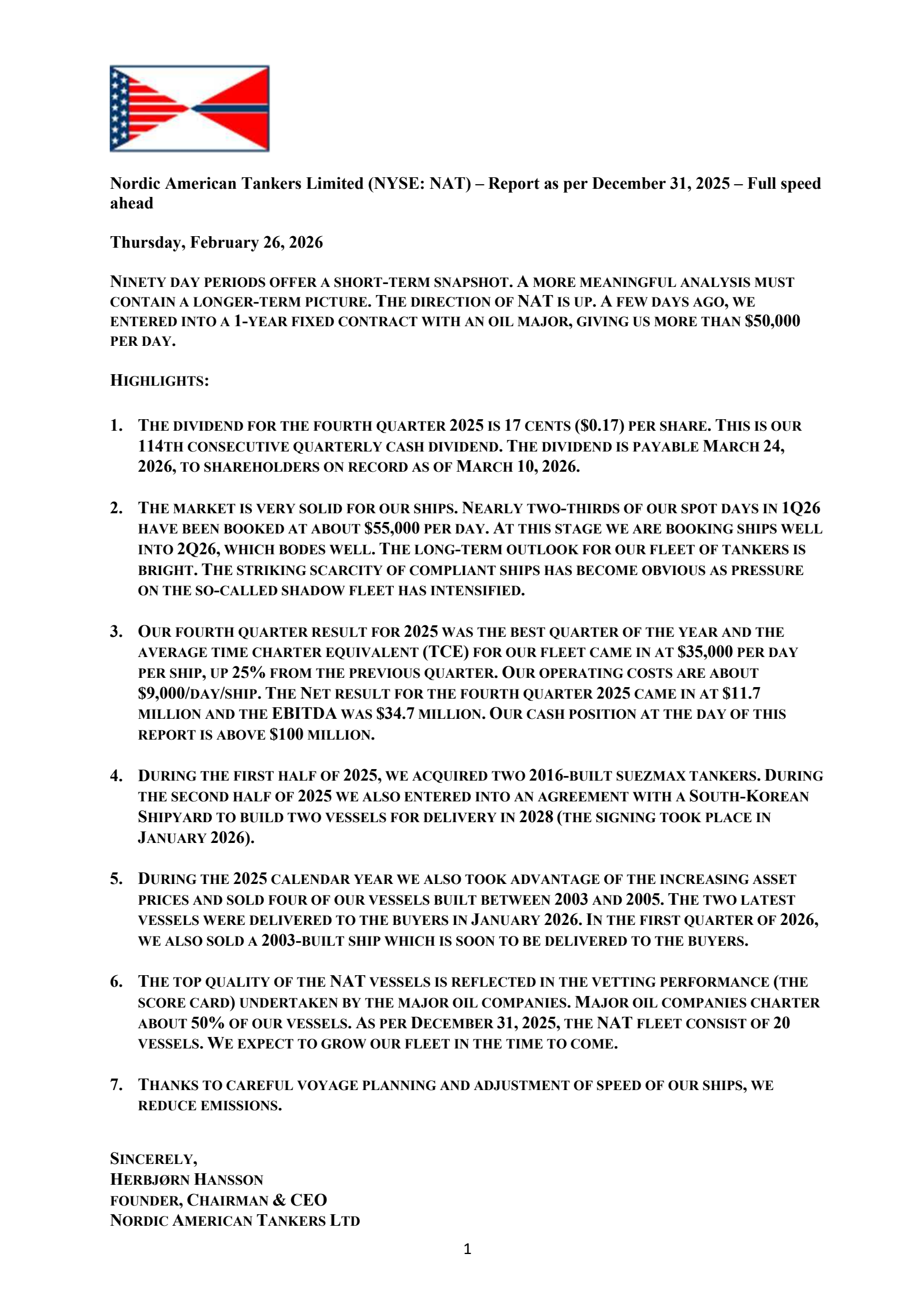 Nordic American Tankers' Q4 2025 Press Release