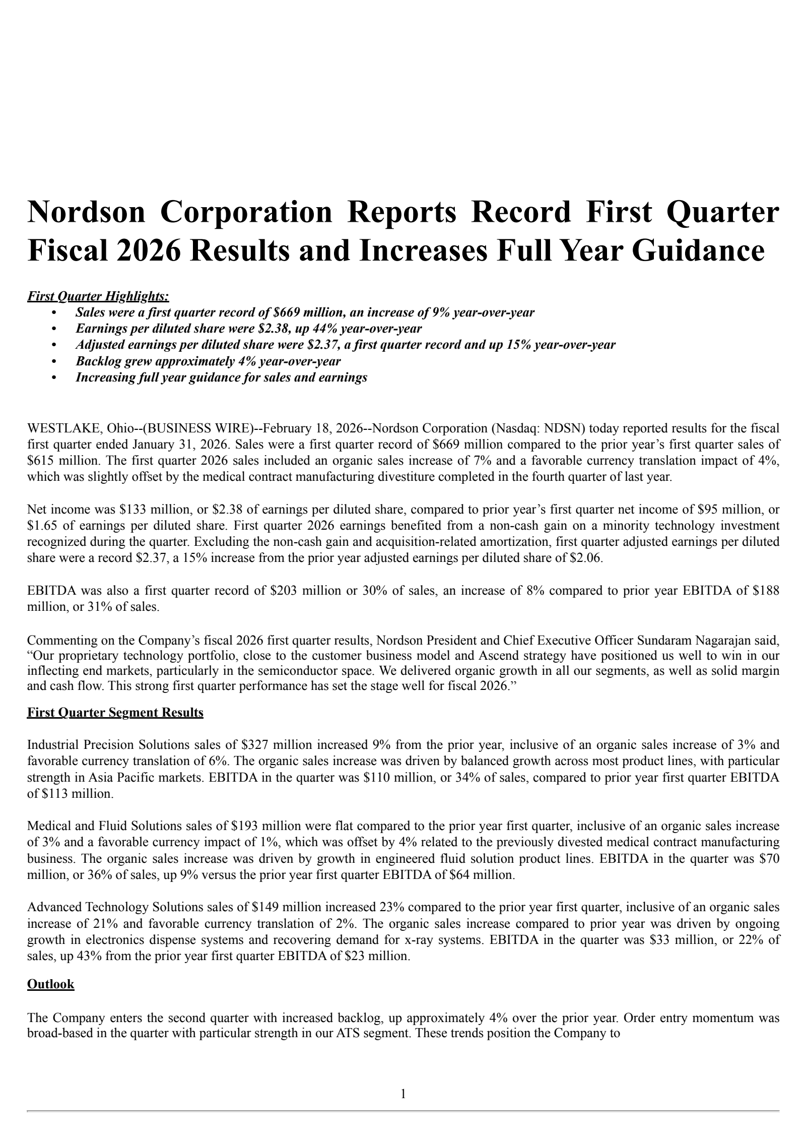 Nordson's Q1 2026 Press Release