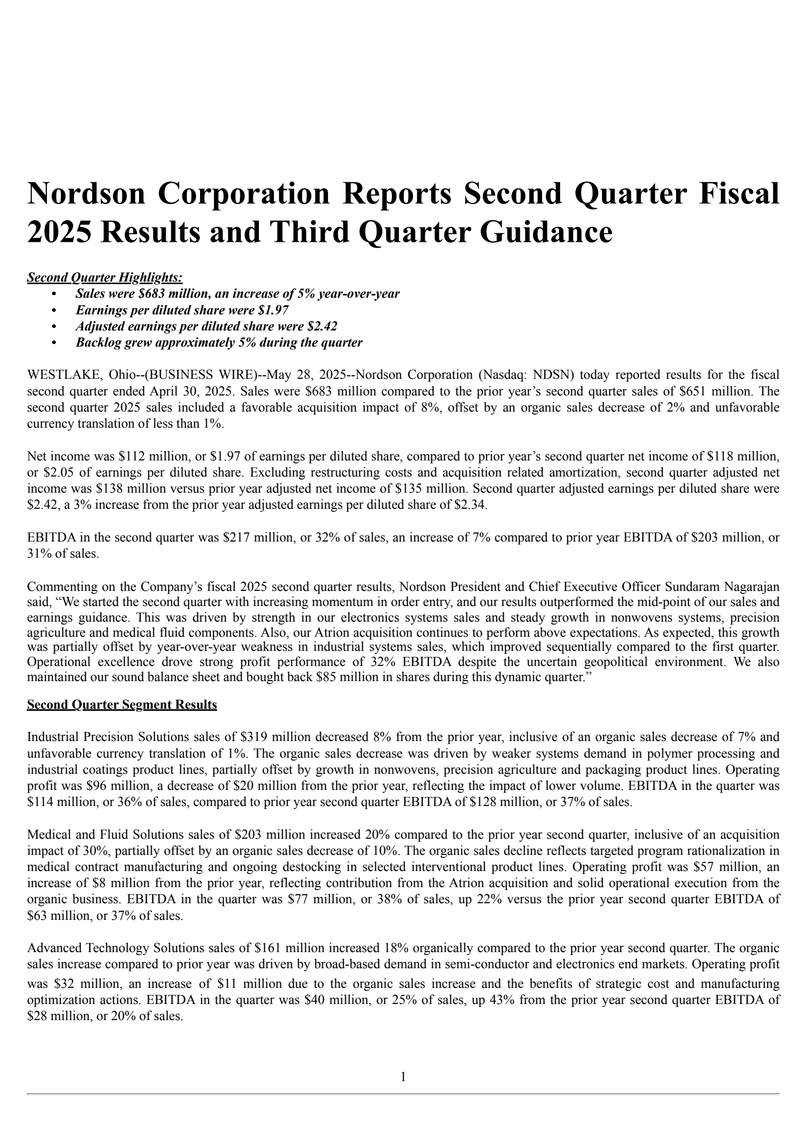 Nordson's Q2 2025 Press Release