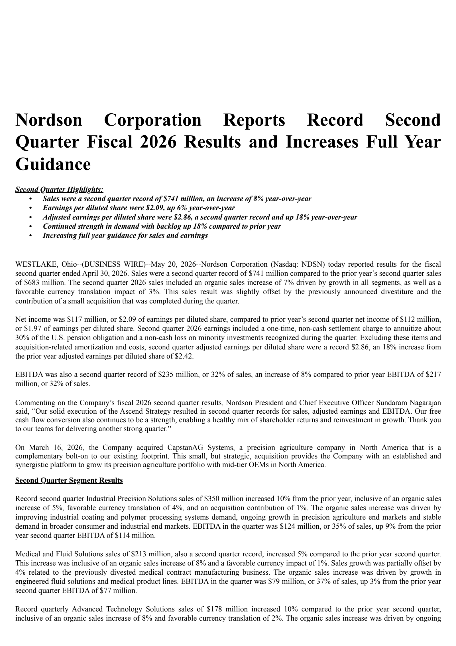 Nordson's Q2 2026 Press Release