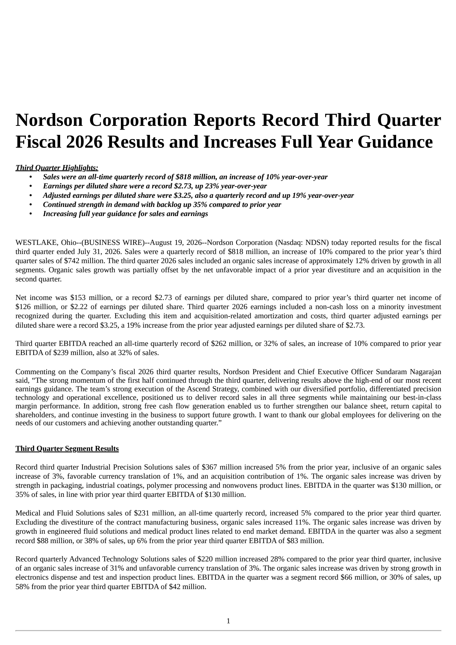 Nordson's Q3 2026 Press Release