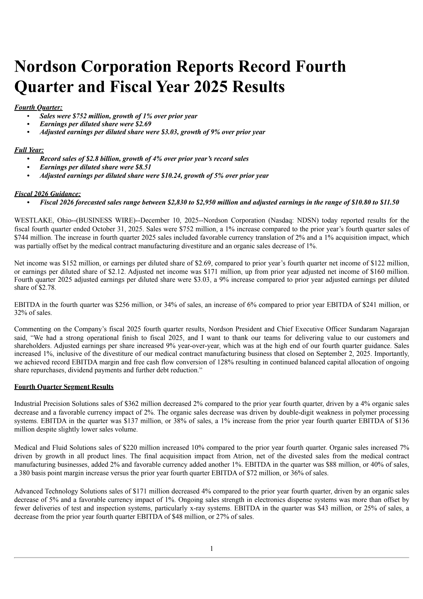 Nordson's Q4 2025 Earnings Release