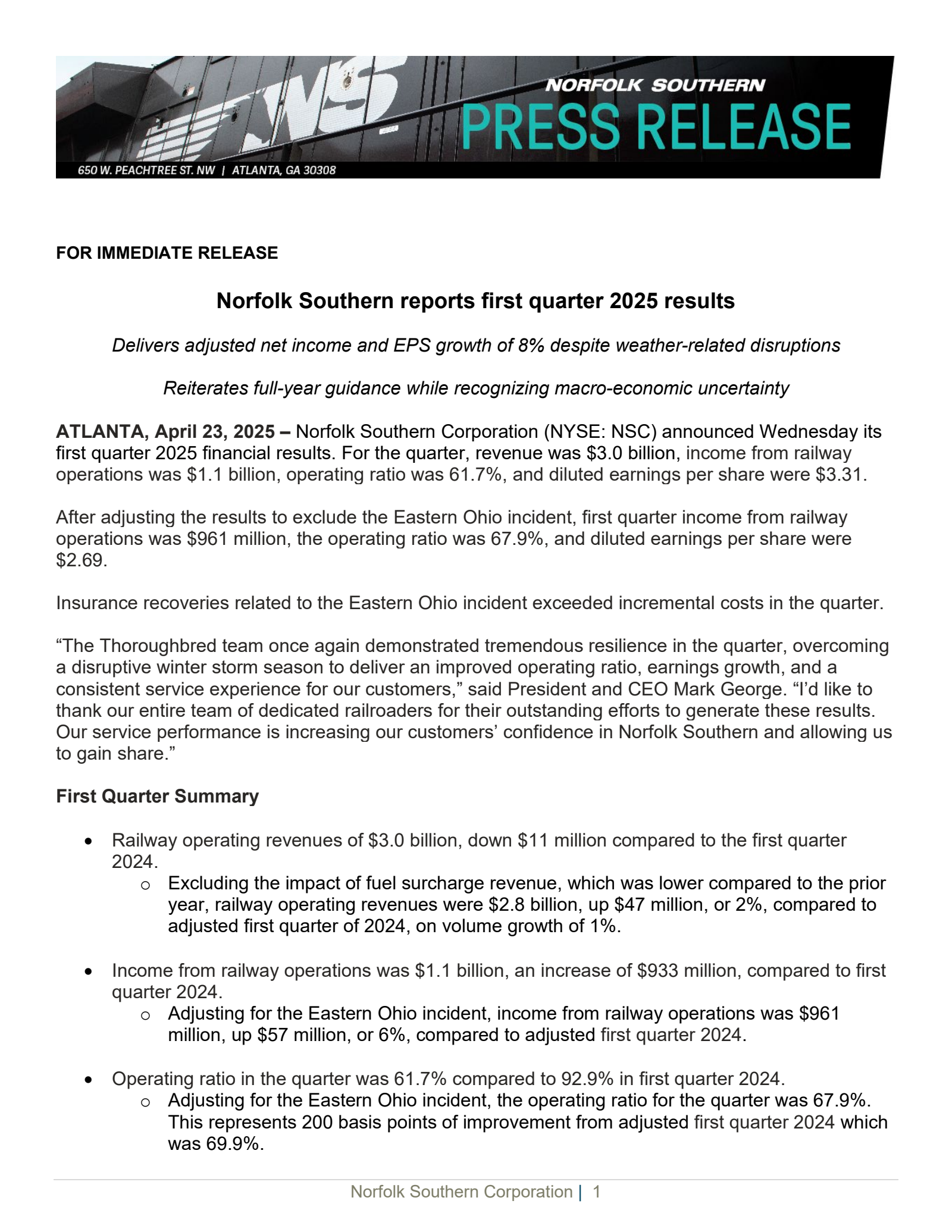 Norfolk Southern's Q1 2025 Press Release