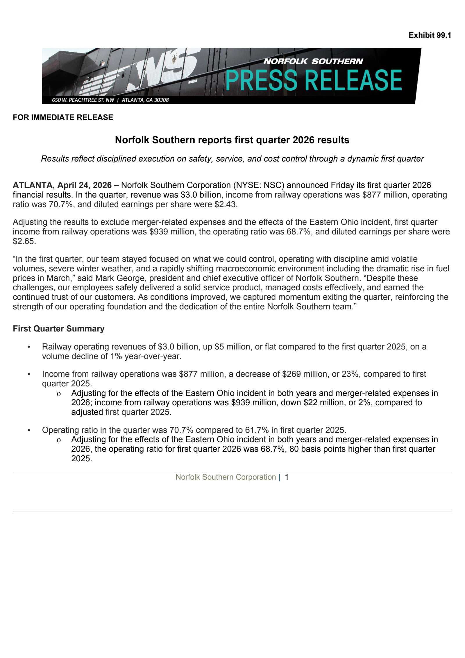 Norfolk Southern's Q1 2026 Press Release