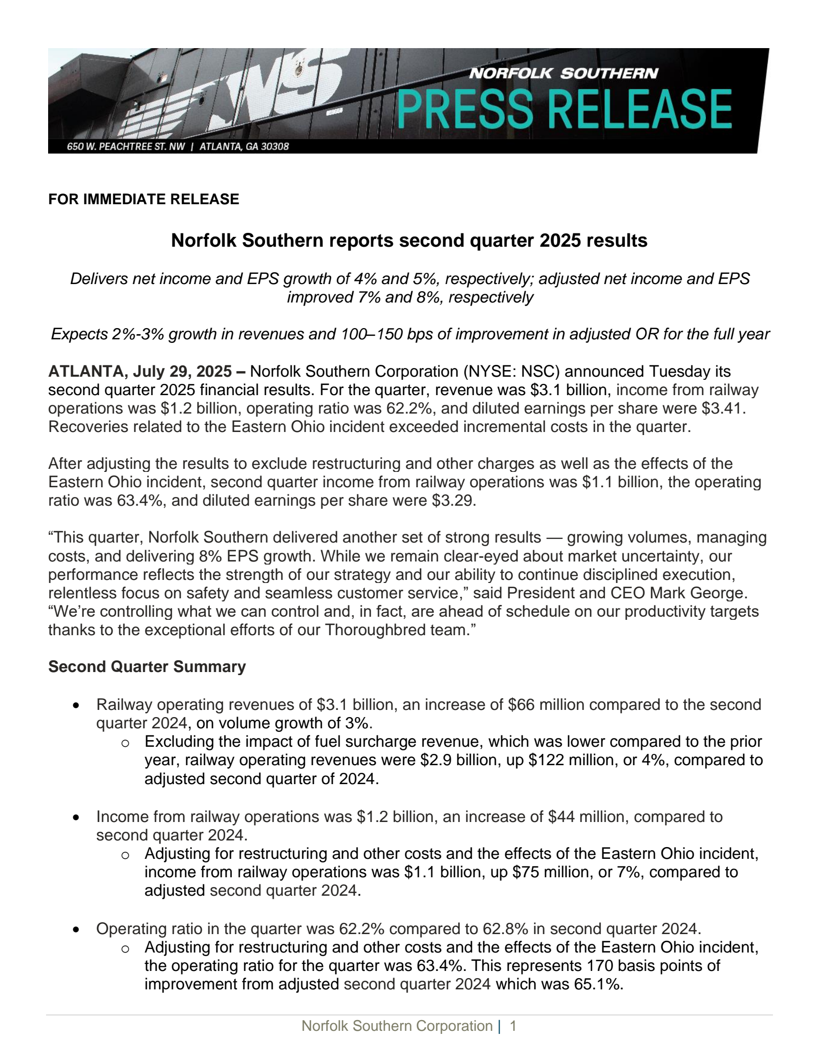 Norfolk Southern's Q2 2025 Press Release