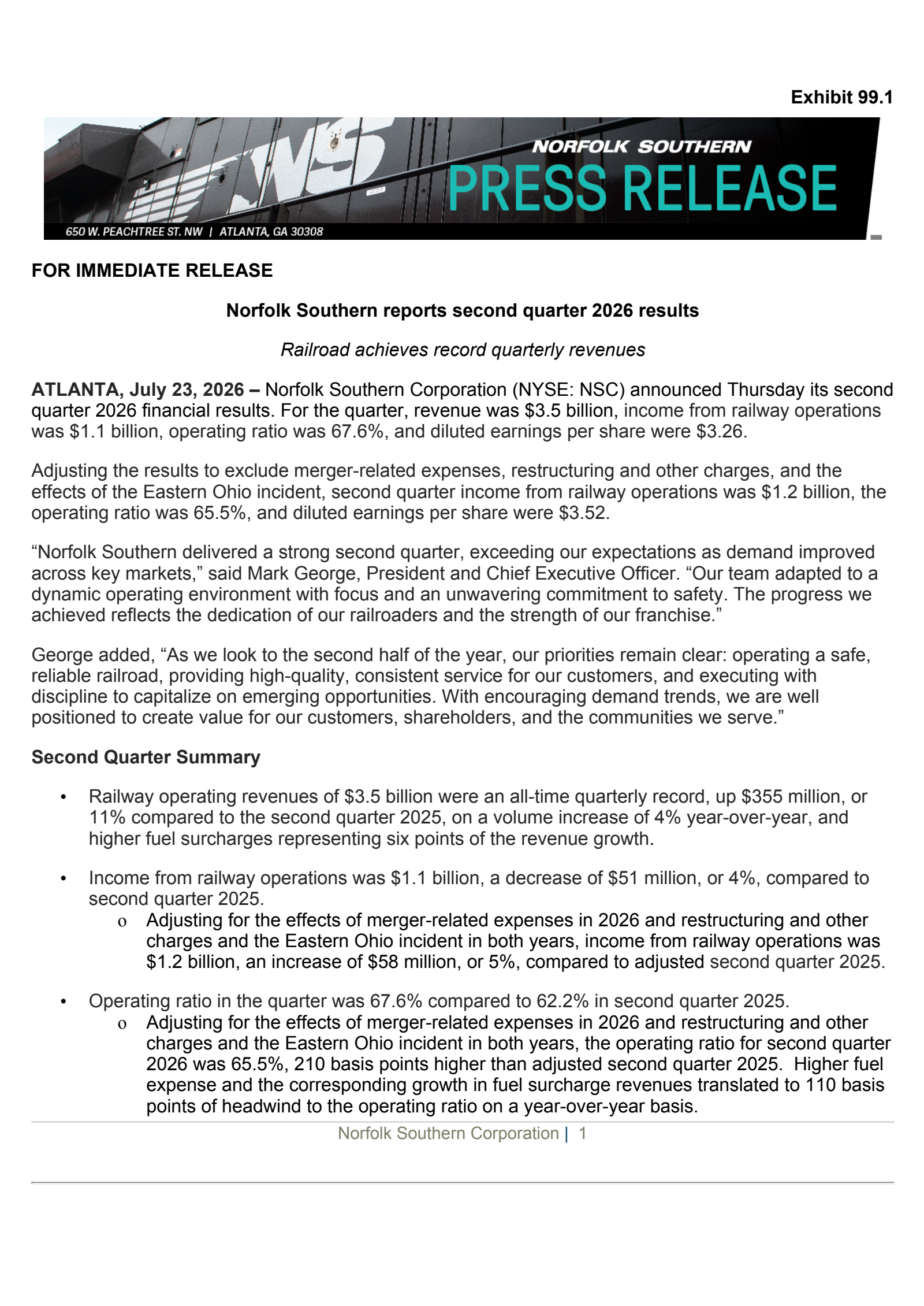 Norfolk Southern's Q2 2026 Press Release