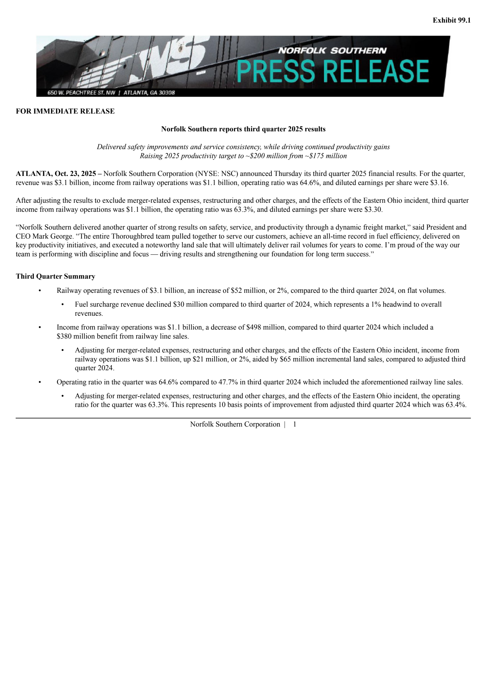Norfolk Southern's Q3 2025 Earnings Release