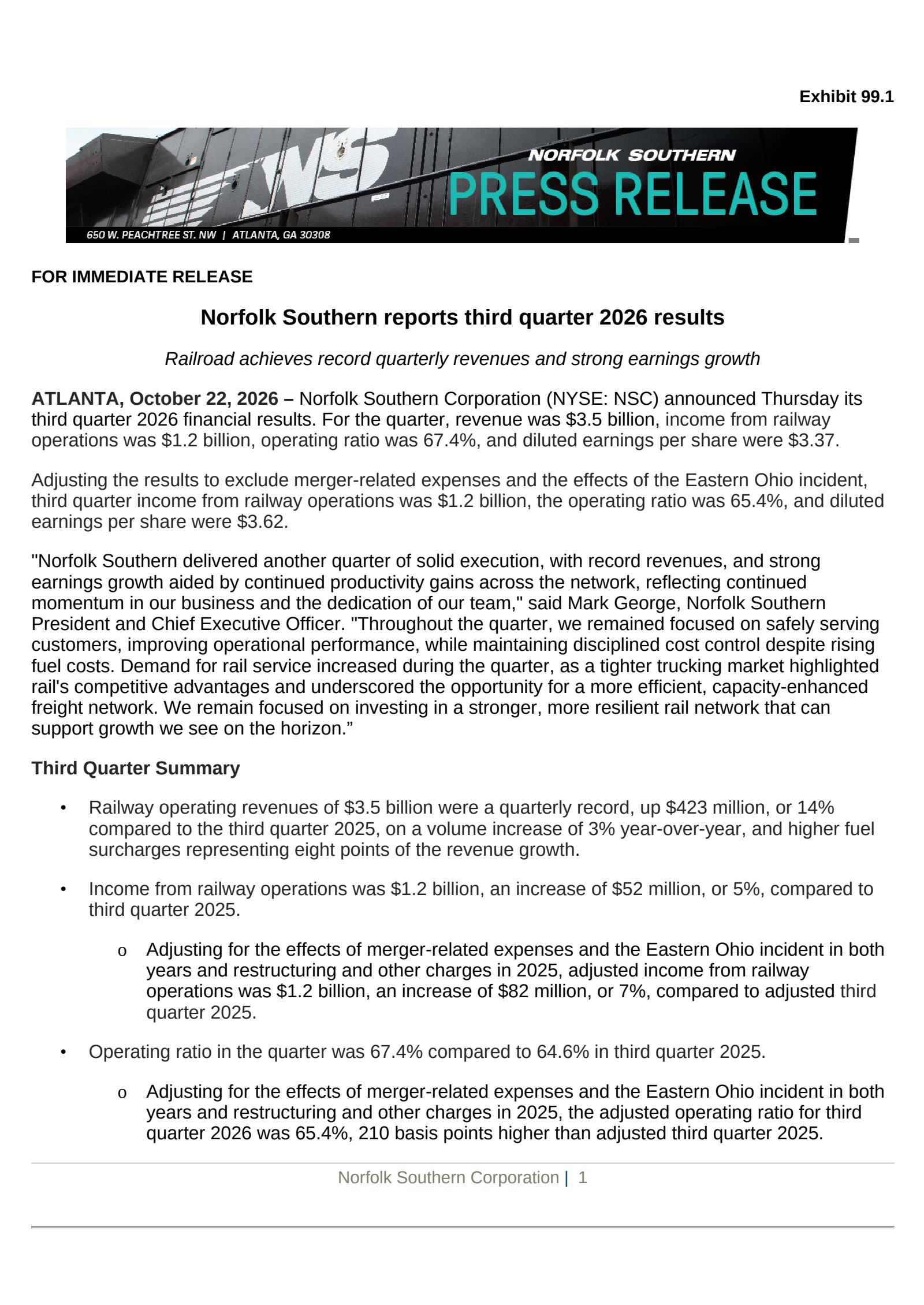 Norfolk Southern (NSC) Q3 2026 Earnings Results & Call Transcript
