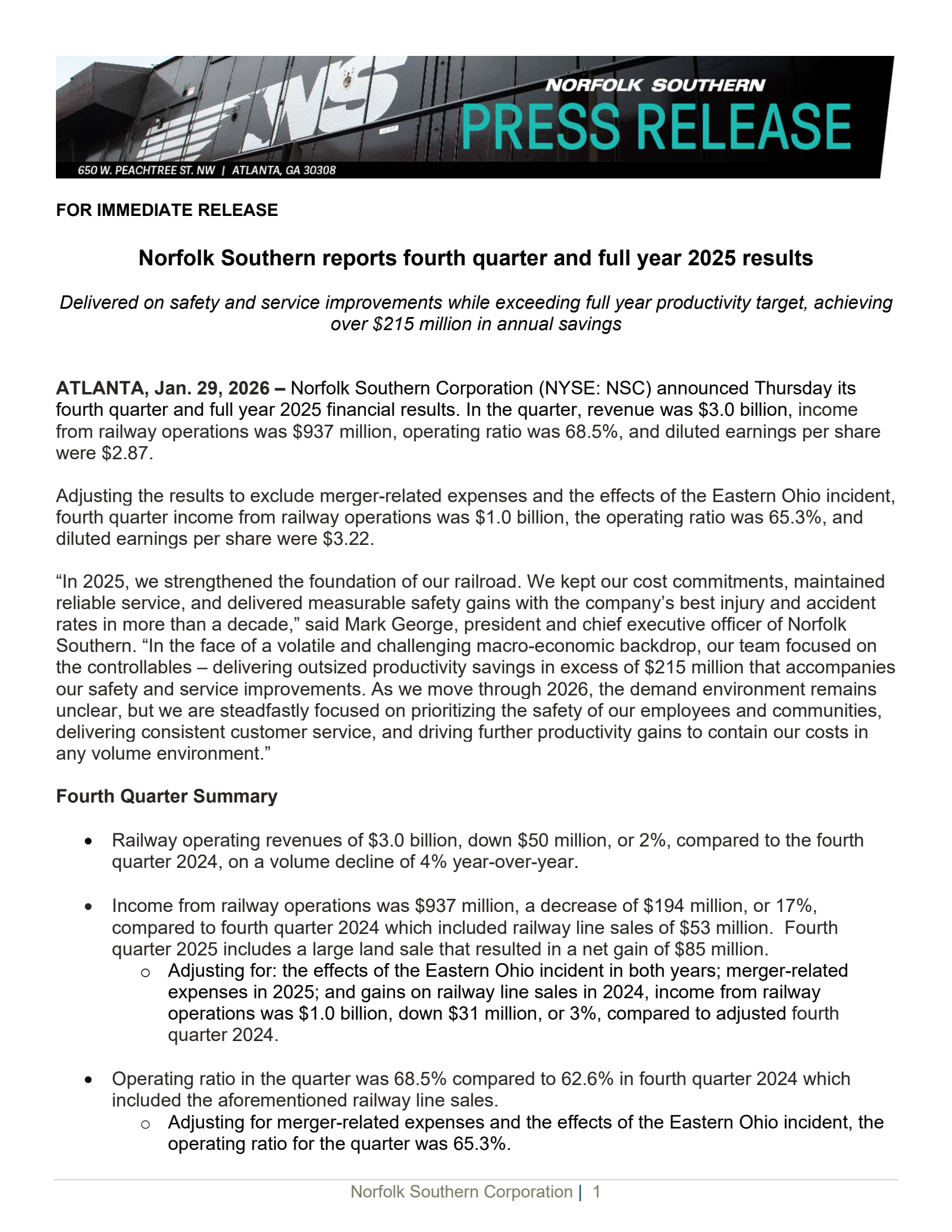 Norfolk Southern's Q4 2025 Press Release