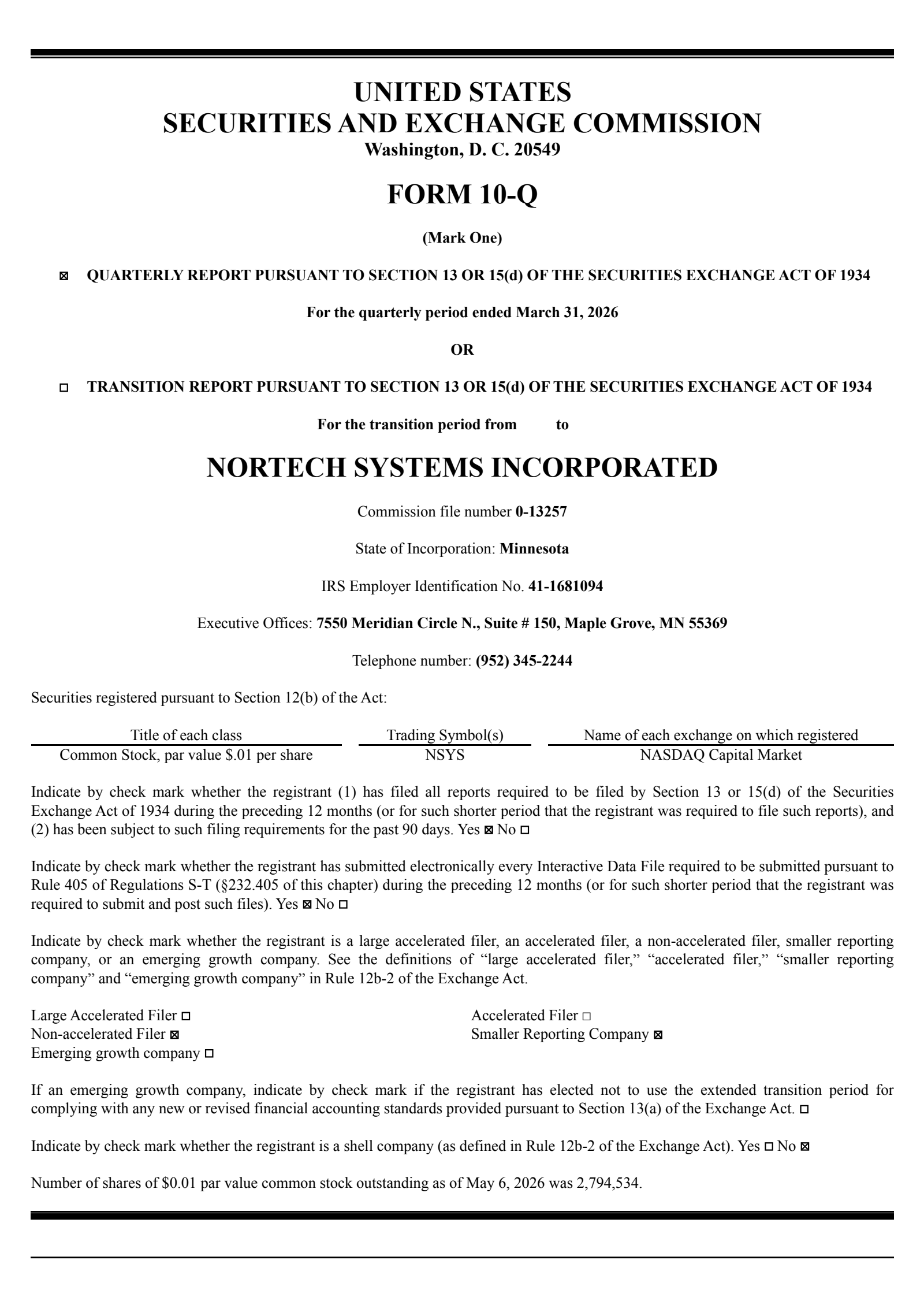Nortech Systems' Q1 2026 Quarterly report