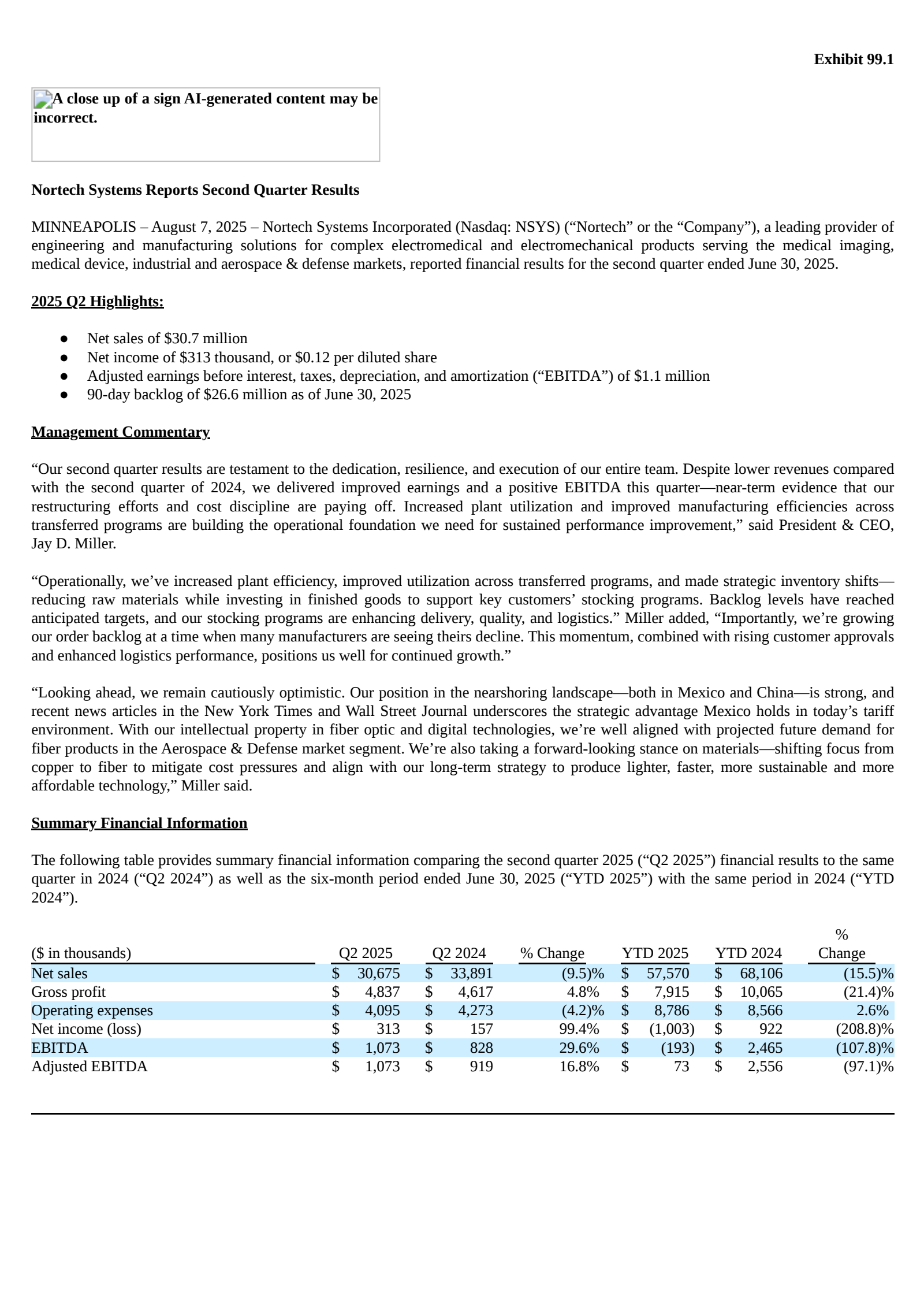 Nortech Systems' Q2 2025 Press Release