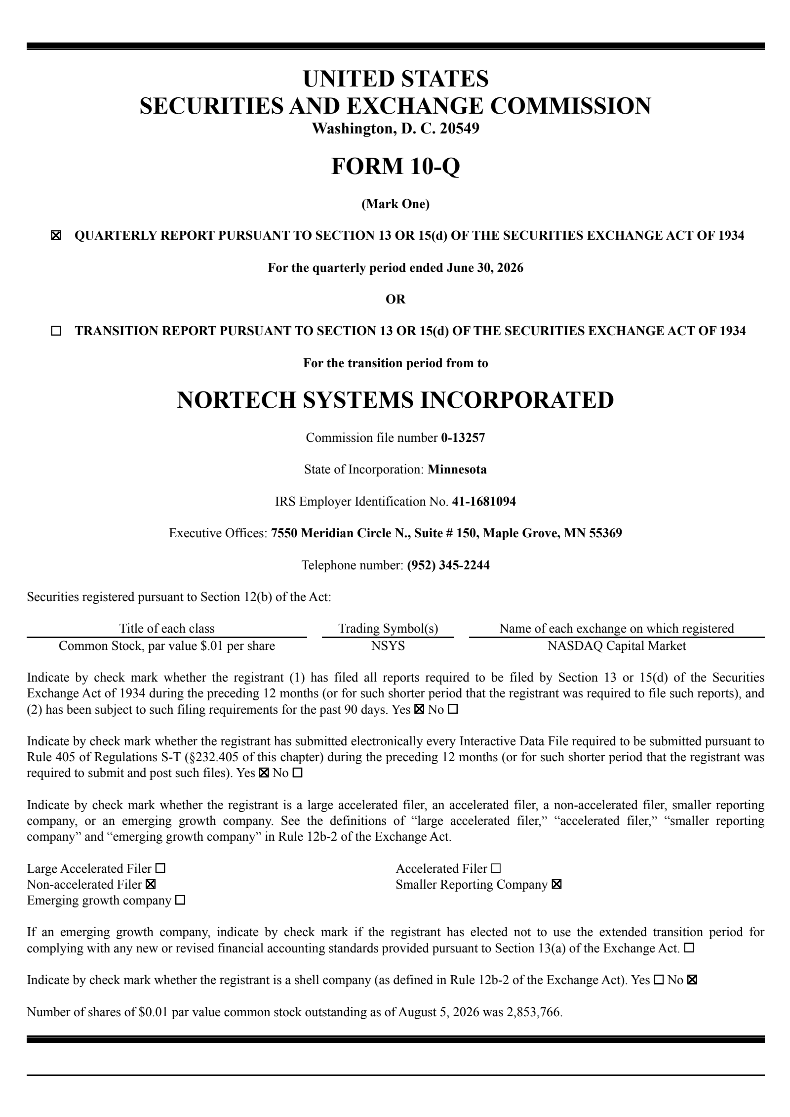 Nortech Systems' Q2 2026 Quarterly report