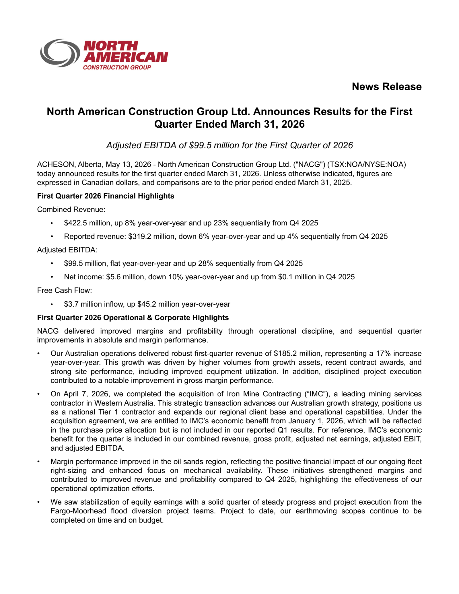 North American Construction Group's Q1 2026 Press Release