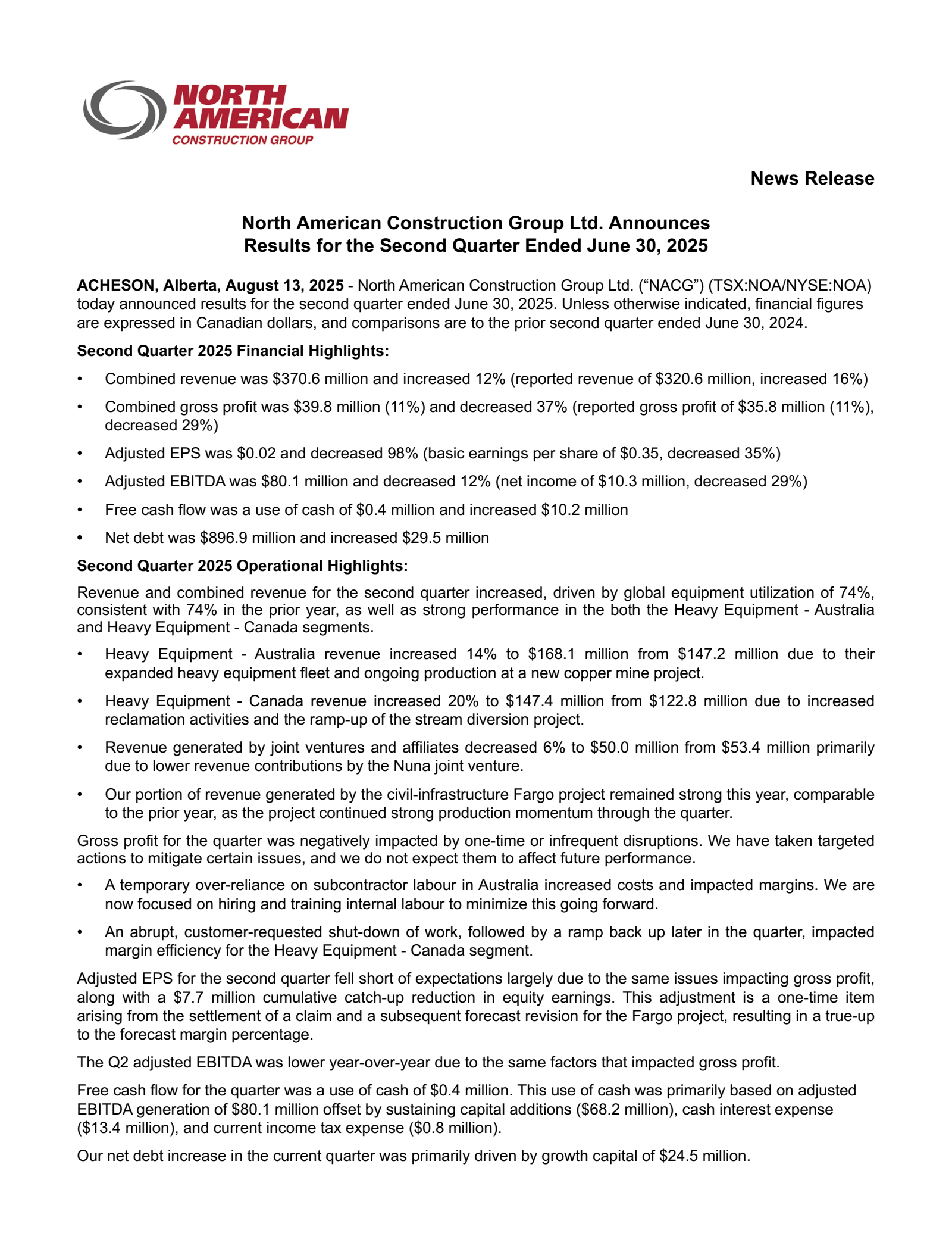 North American Construction Group's Q2 2025 Press Release