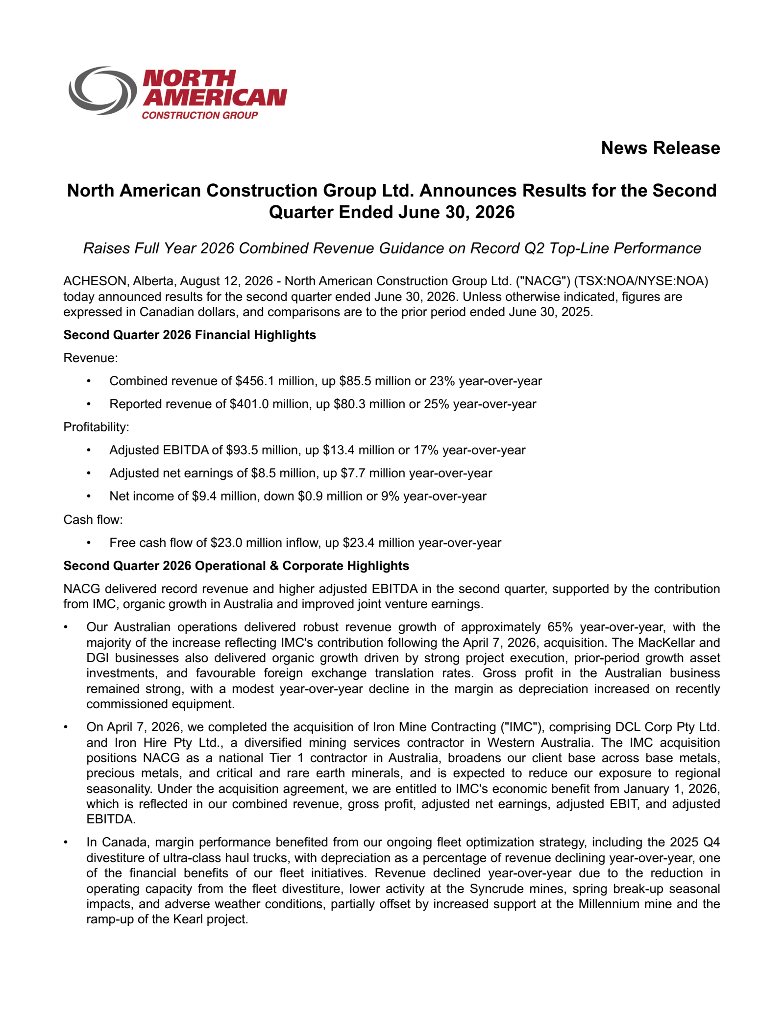 North American Construction Group's Q2 2026 Press Release