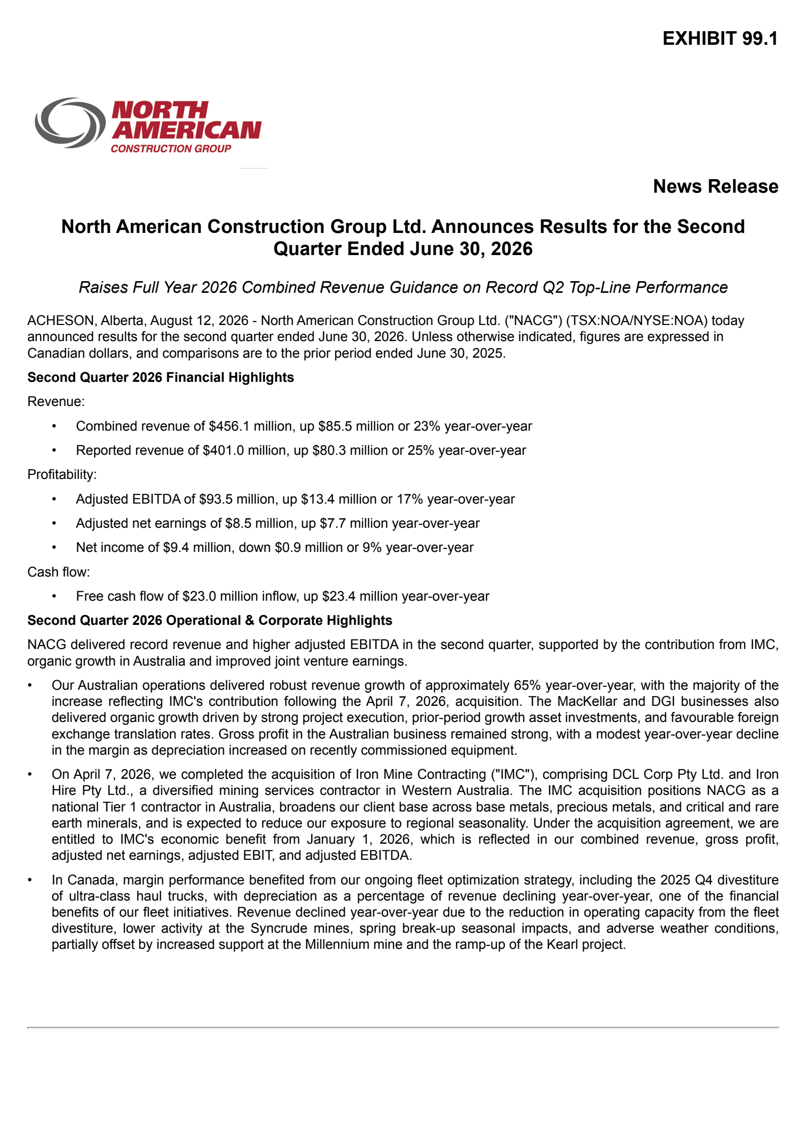 North American Construction Group's Q2 2026 Press Release