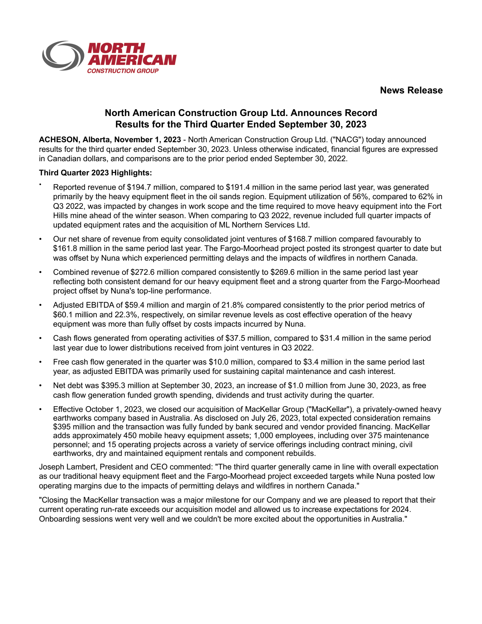 North American Construction Group's Q3 2023 Press Release
