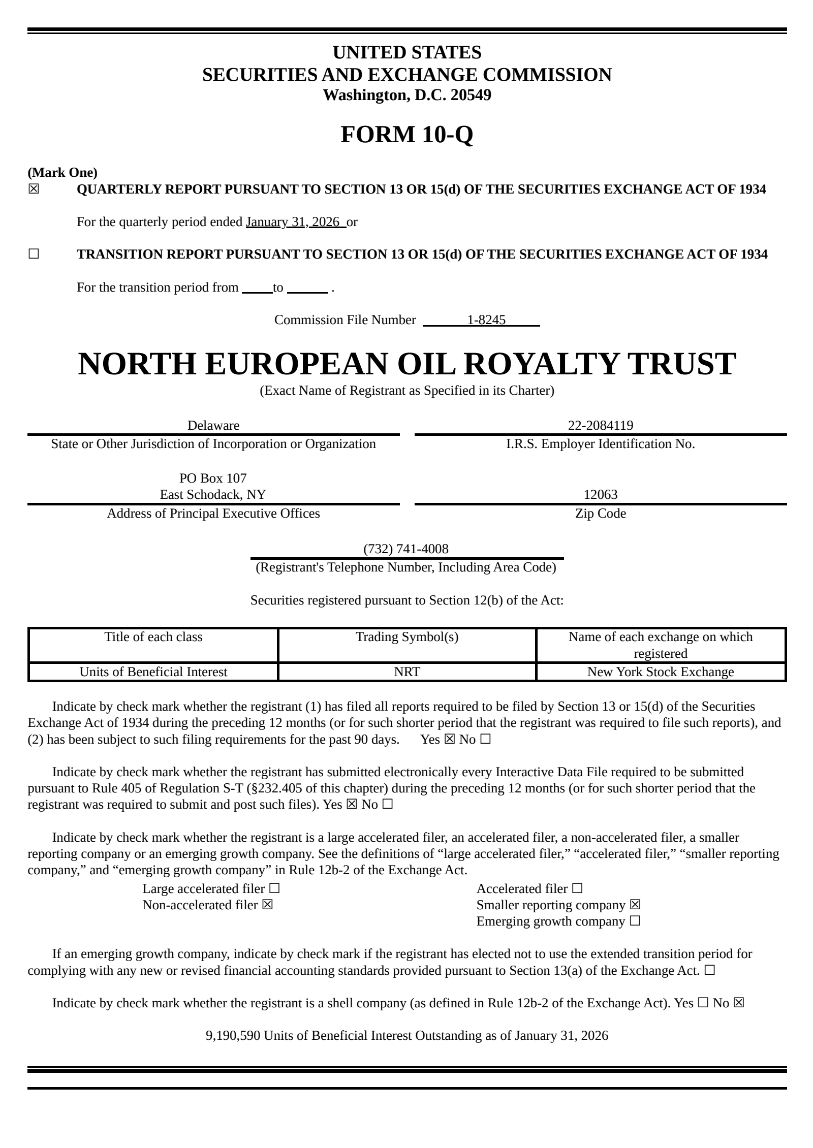 North European Oil Royality Trust's Q1 2026 Quarterly report