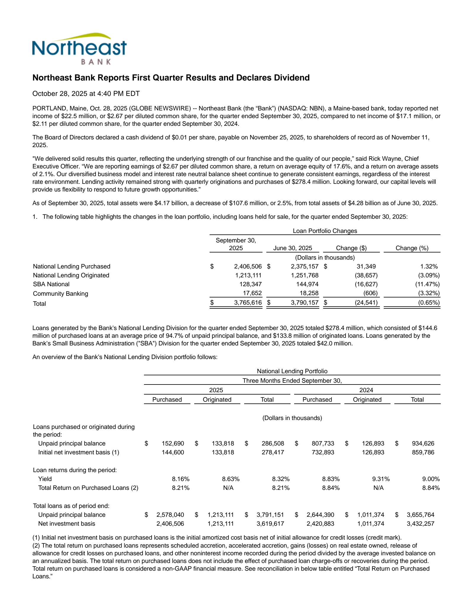 Northeast Bancorp's Q1 2026 Earnings Release