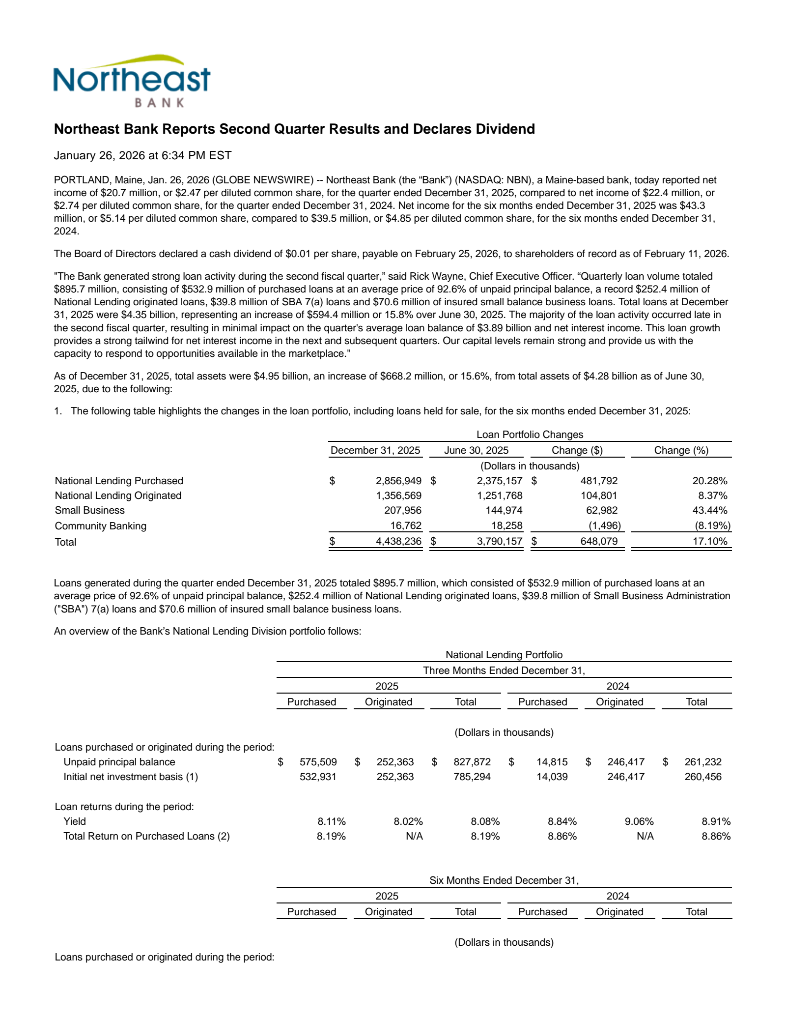 Northeast Bancorp's Q2 2026 Press Release
