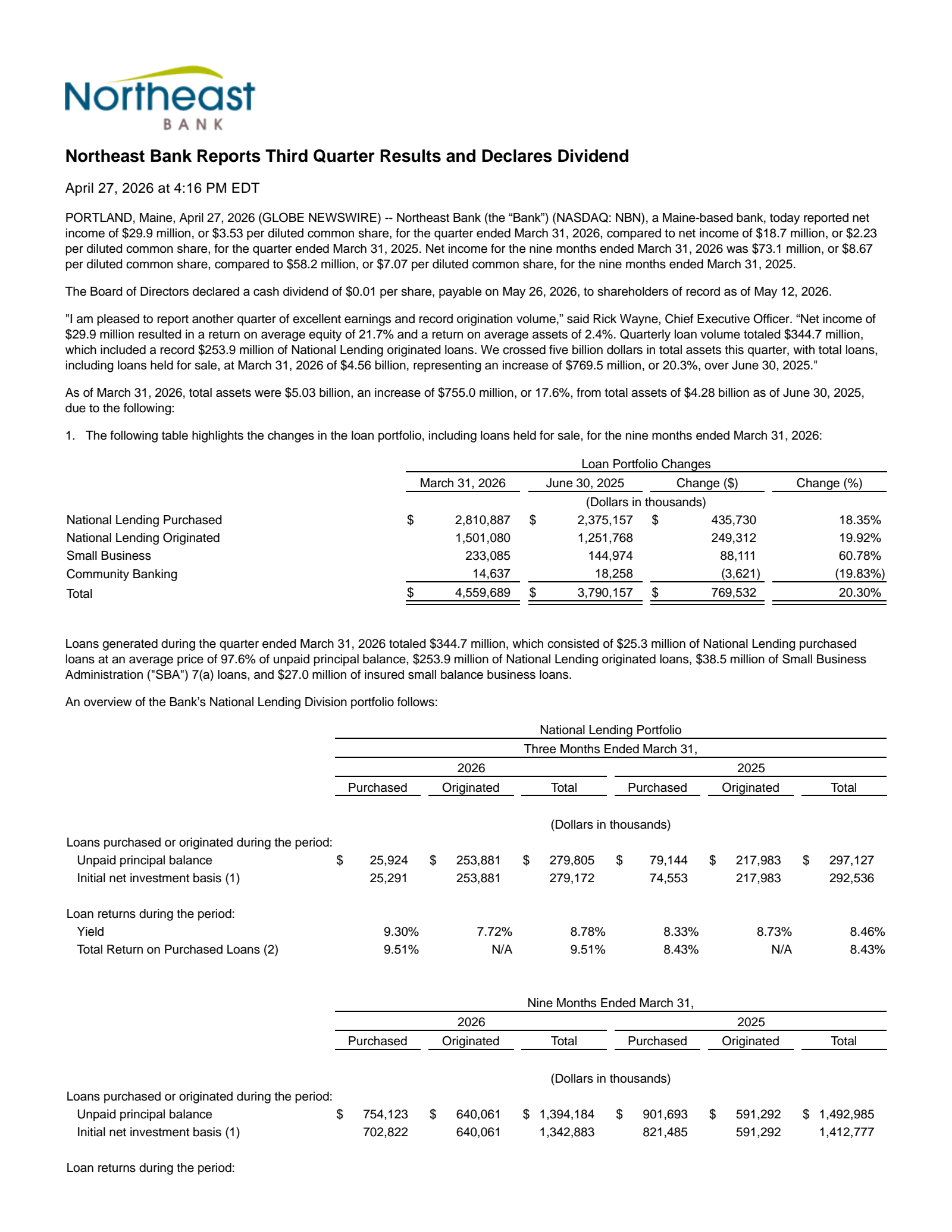 Northeast Bancorp's Q3 2026 Press Release