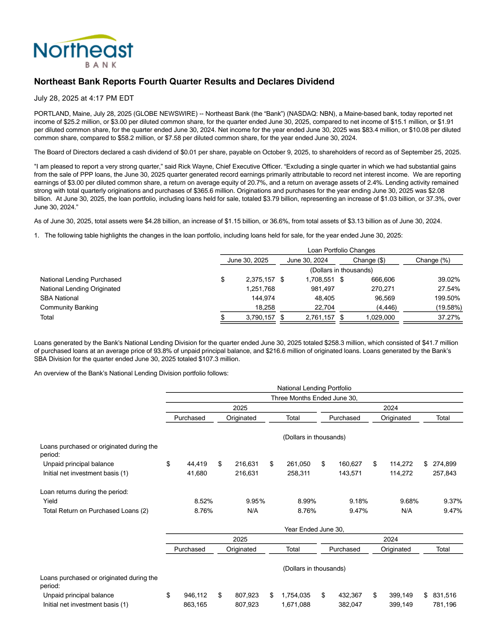 Northeast Bancorp's Q4 2025 Press Release
