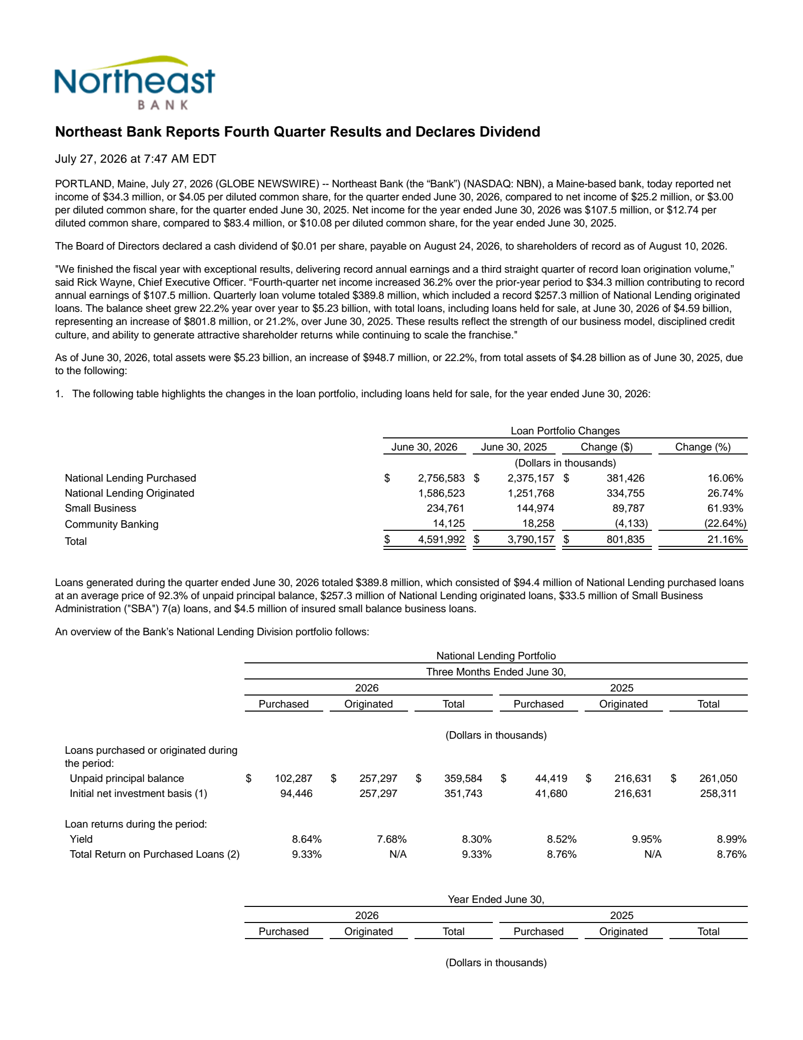 Northeast Bancorp's Q4 2026 Press Release