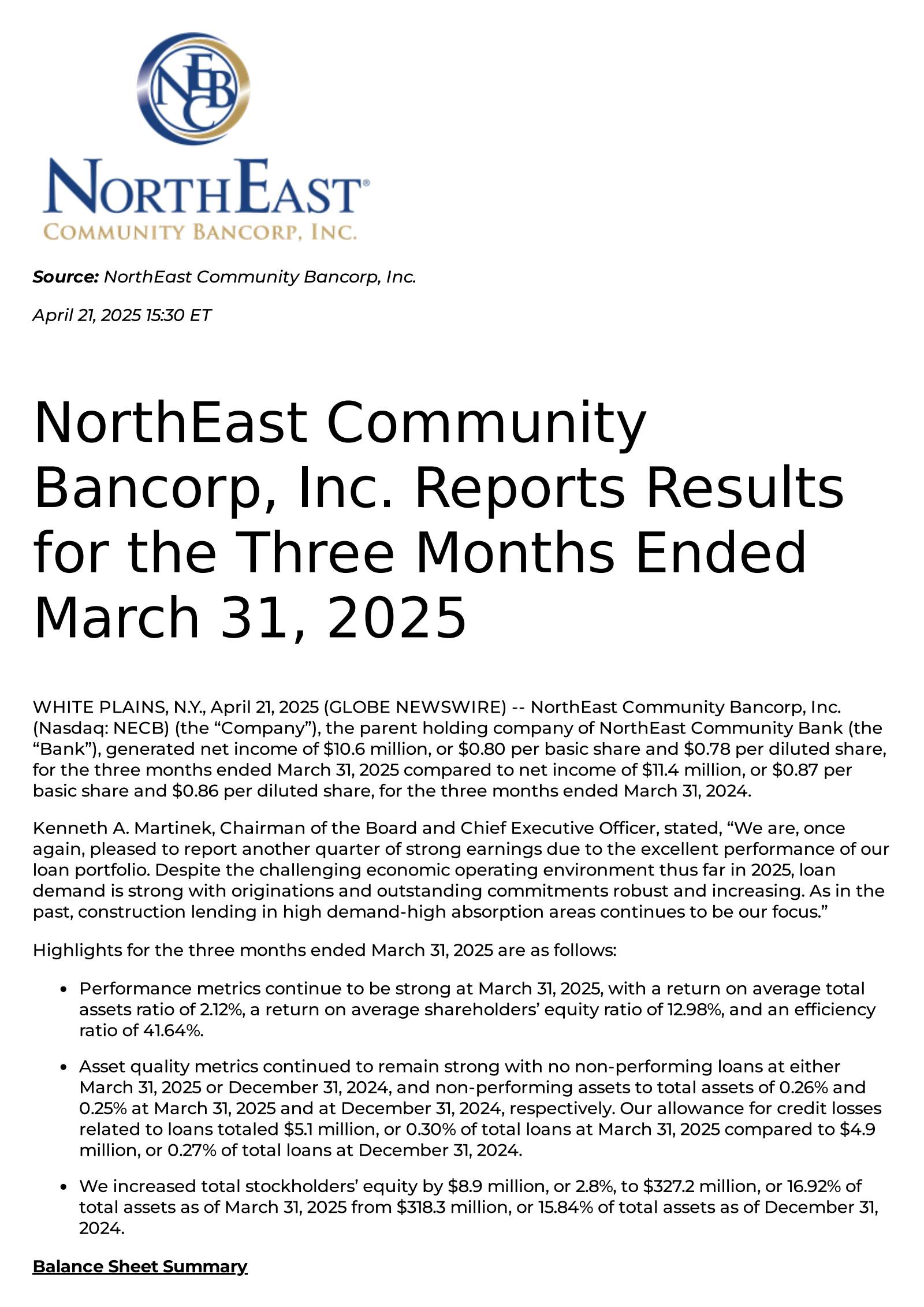 Northeast Community Bancorp's Q1 2025 Press Release