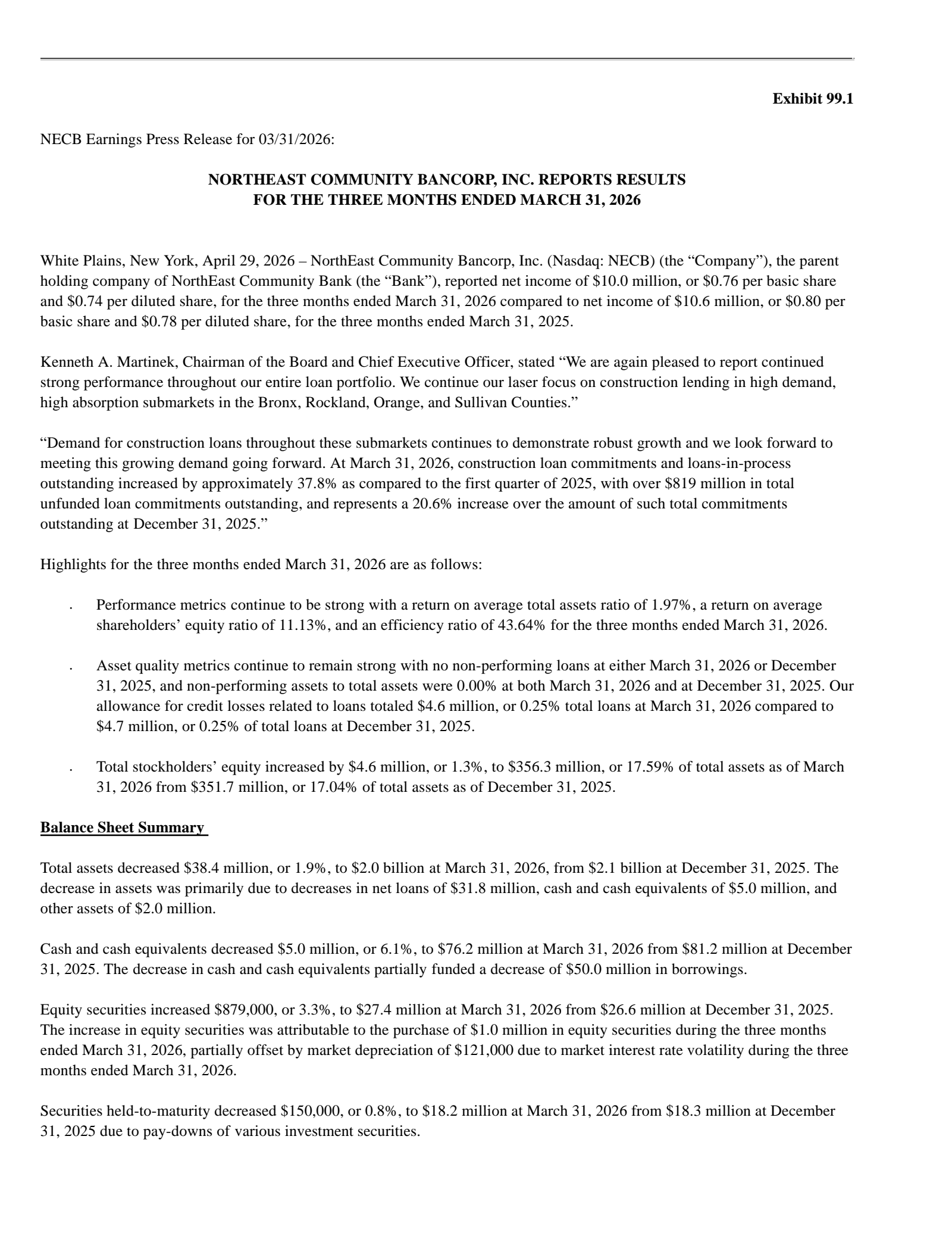 Northeast Community Bancorp's Q1 2026 Press Release