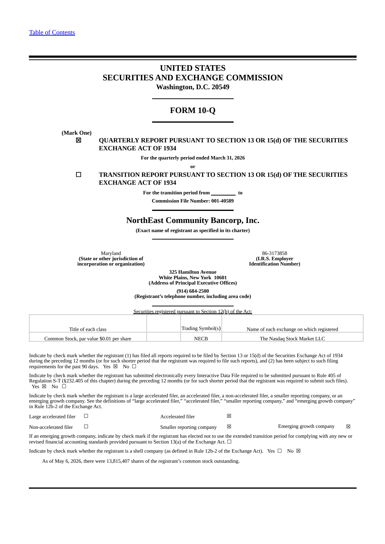 Northeast Community Bancorp's Q1 2026 Quarterly report