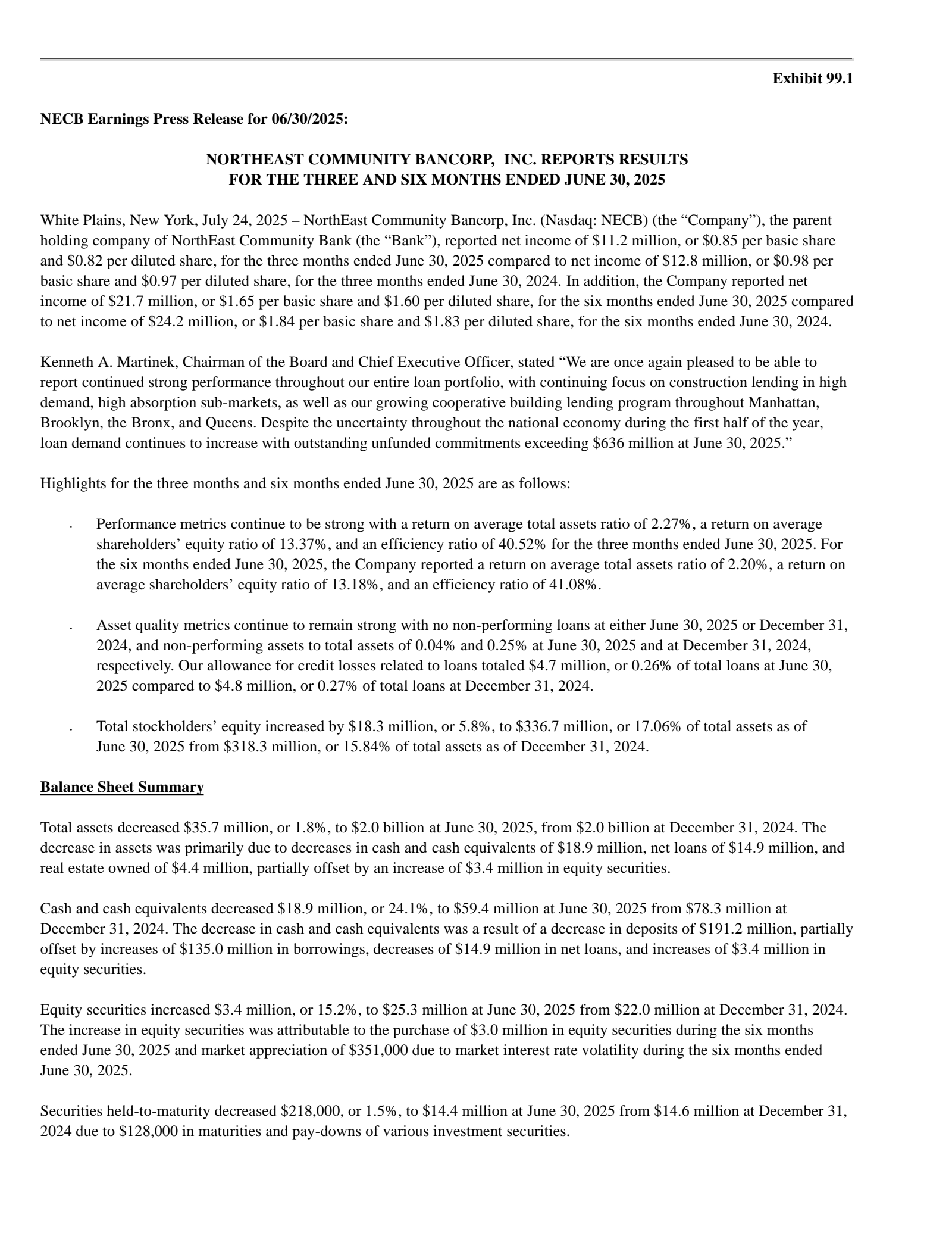 Northeast Community Bancorp's Q2 2025 Press Release