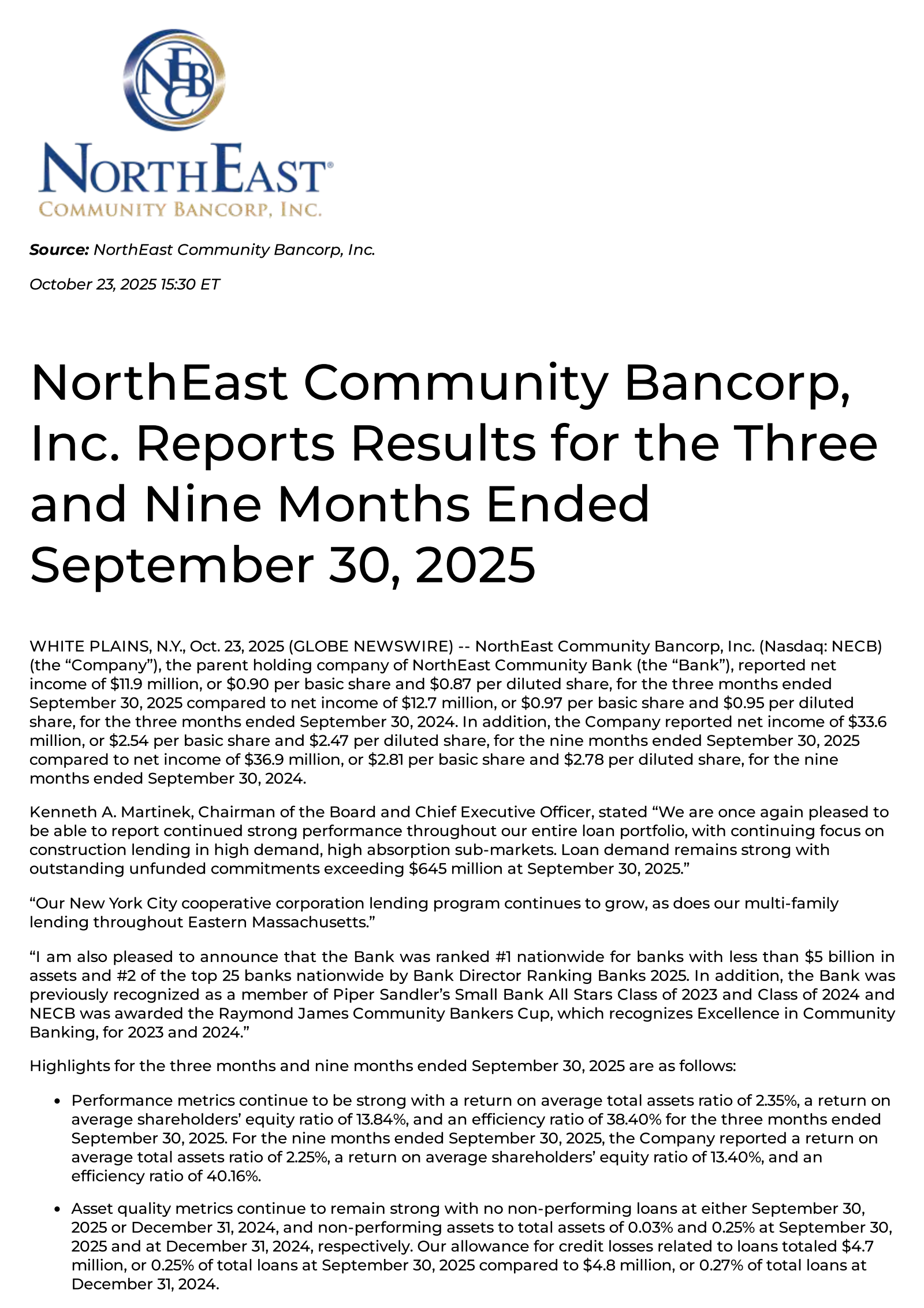 Northeast Community Bancorp's Q3 2025 Earnings Release