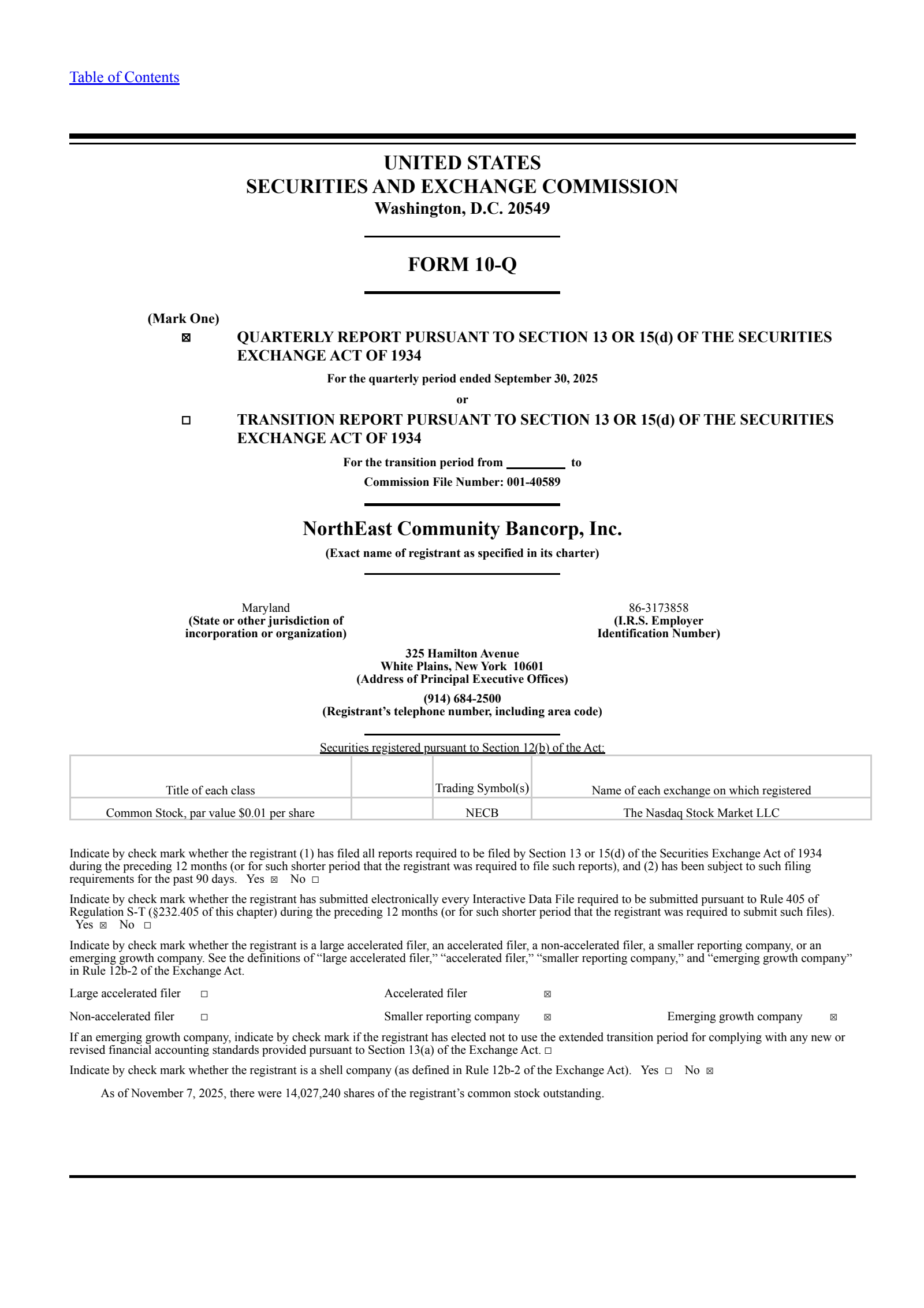 Northeast Community Bancorp's Q3 2025 Quarterly Report