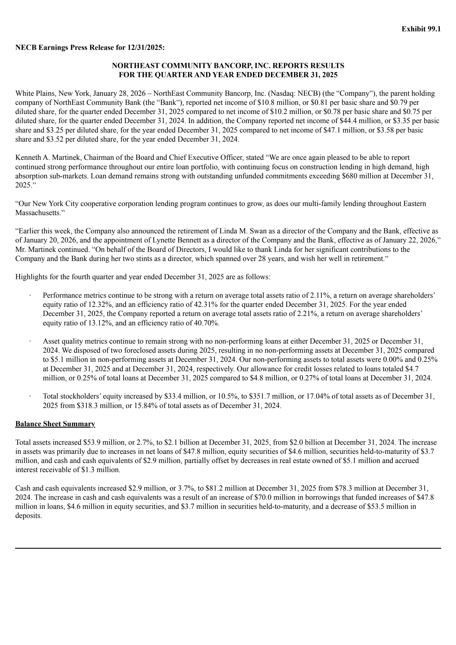 Northeast Community Bancorp's Q4 2025 Press Release