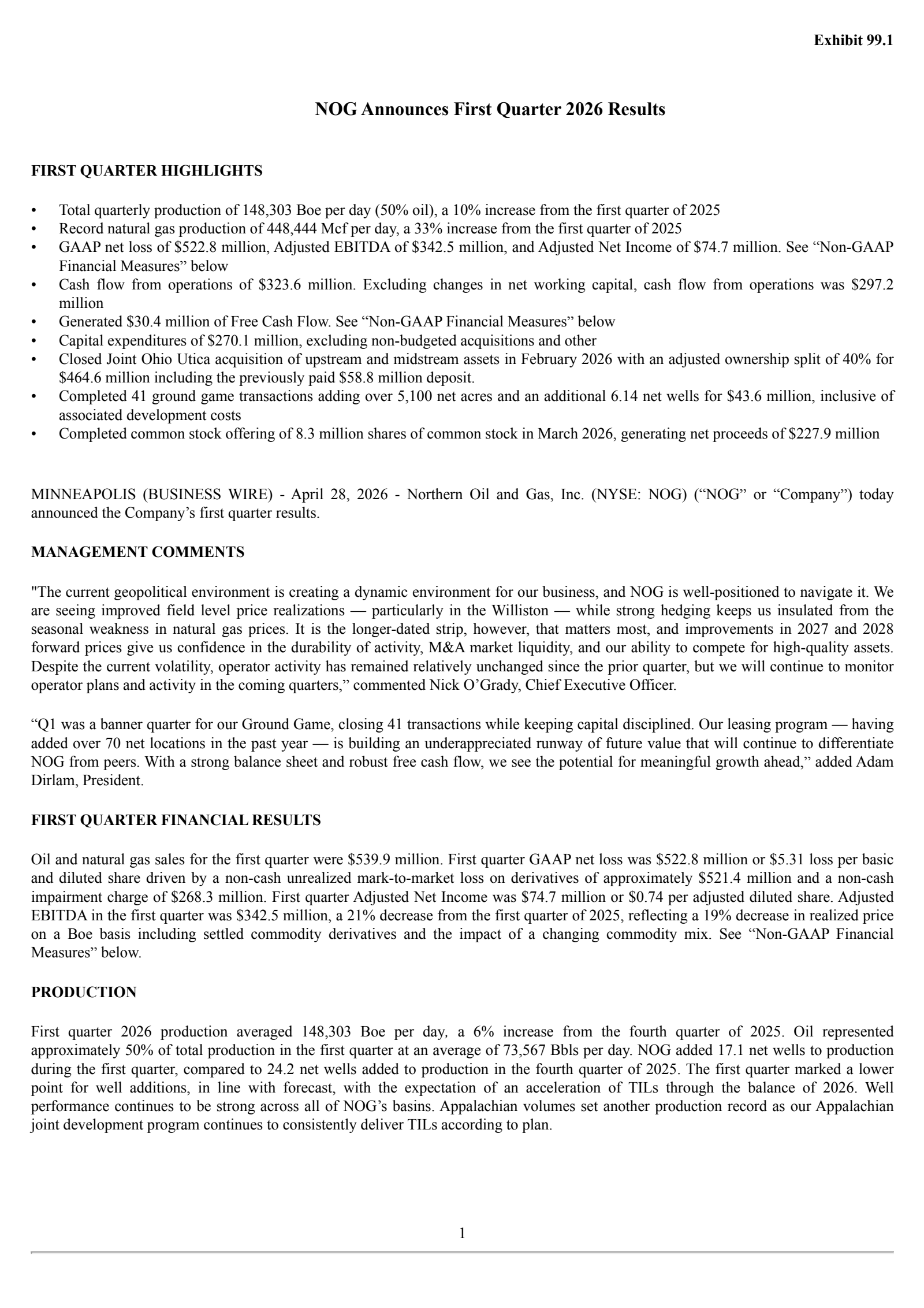 Northern Oil and Gas' Q1 2026 Press Release