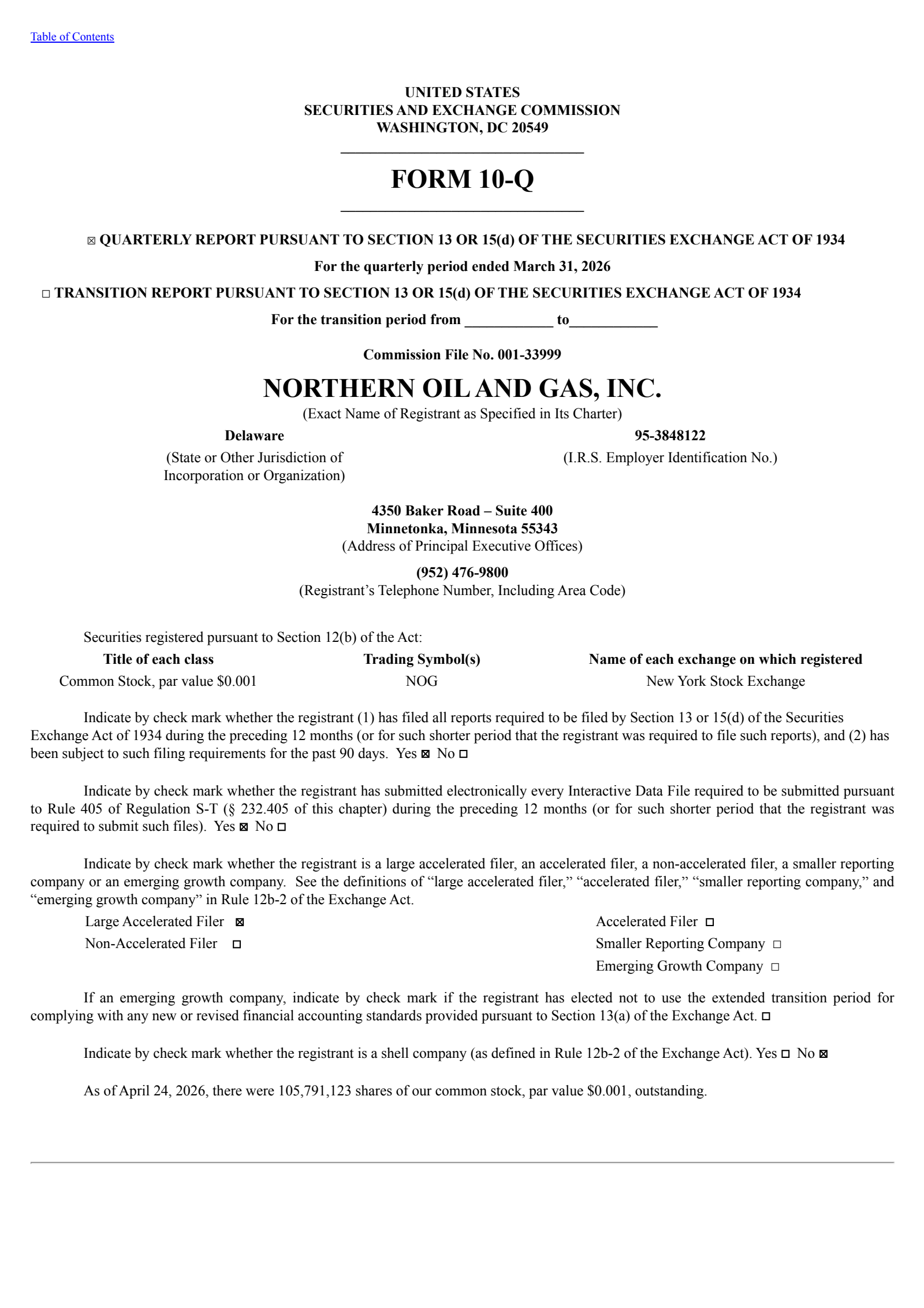 Northern Oil and Gas' Q1 2026 Quarterly report