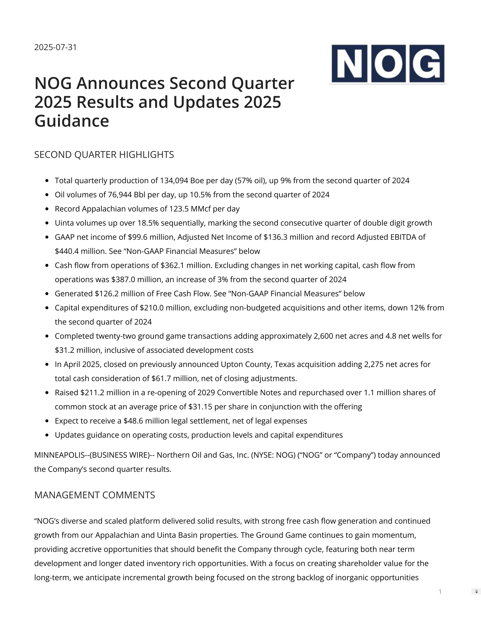 Northern Oil and Gas' Q2 2025 Press Release