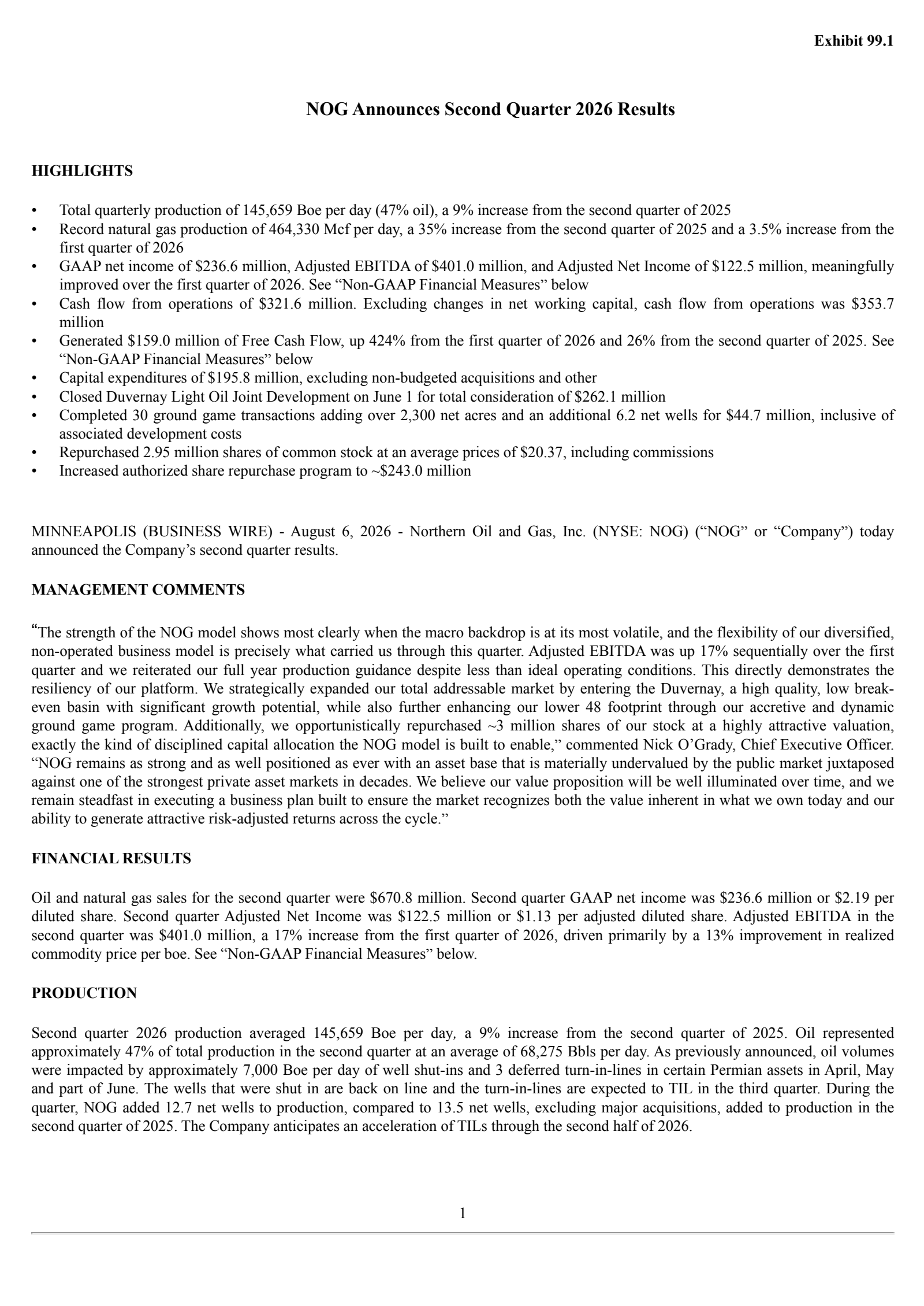 Northern Oil and Gas' Q2 2026 Press Release