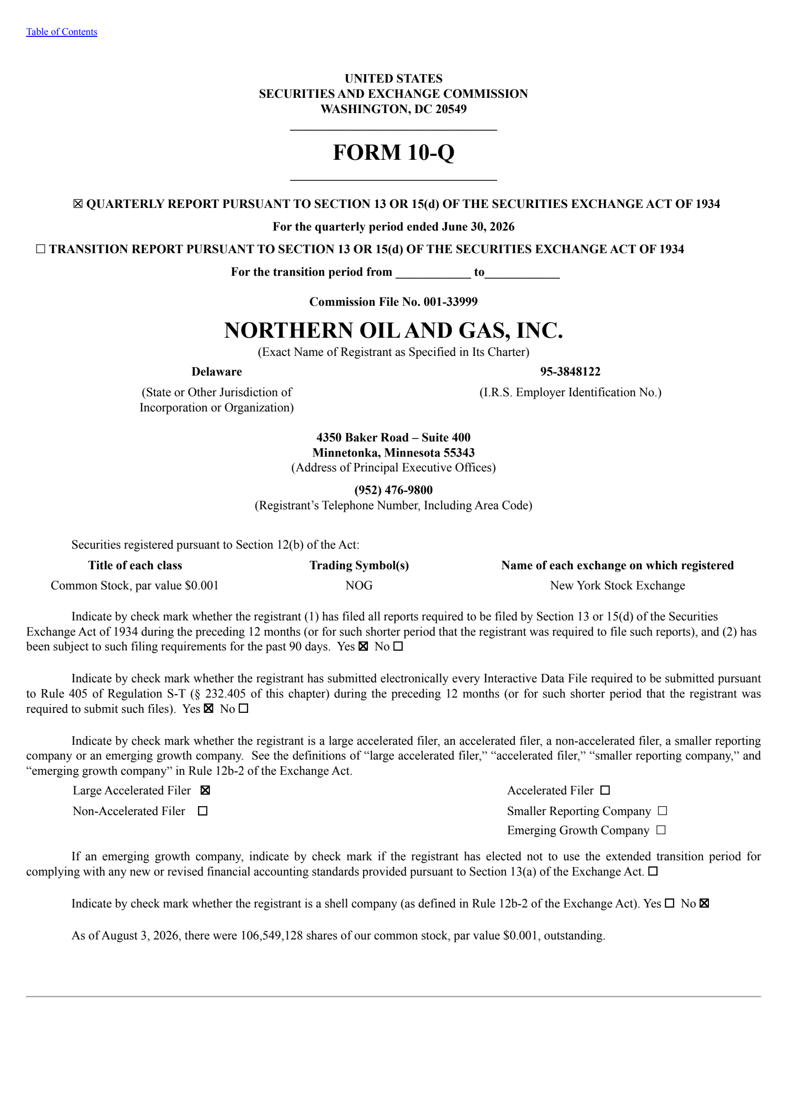 Northern Oil and Gas' Q2 2026 Quarterly report