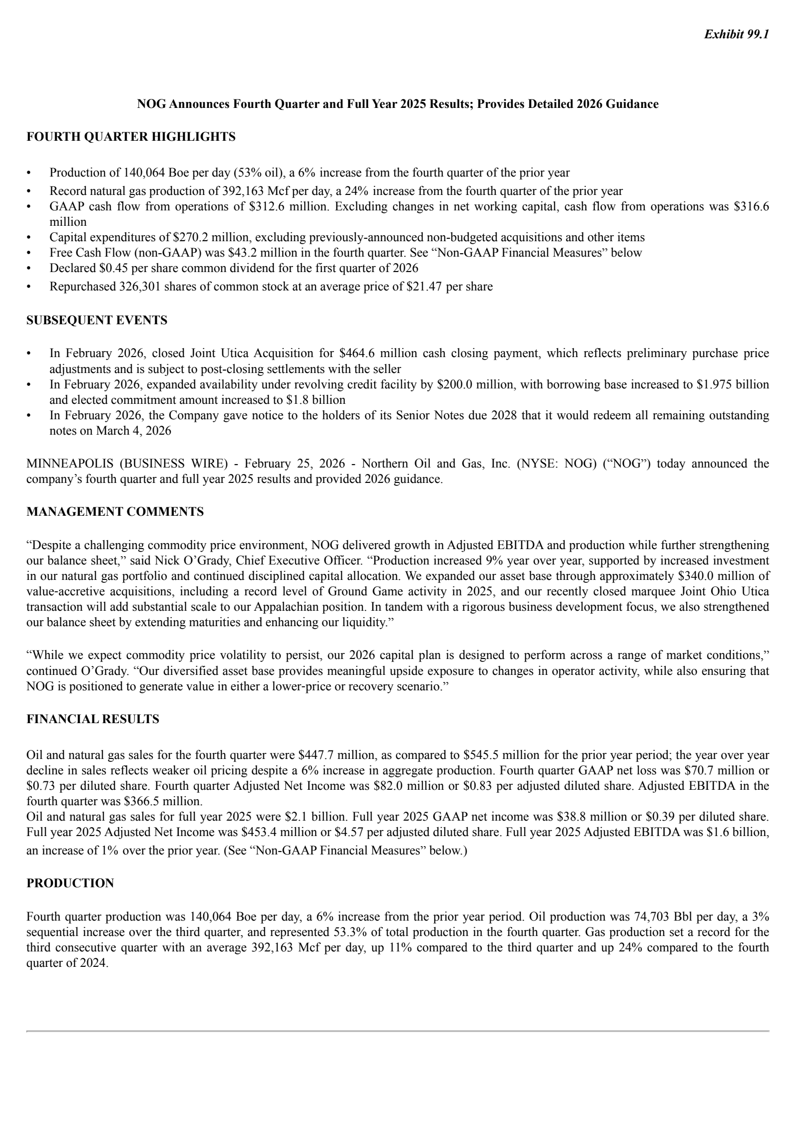 Northern Oil and Gas' Q4 2025 Press Release