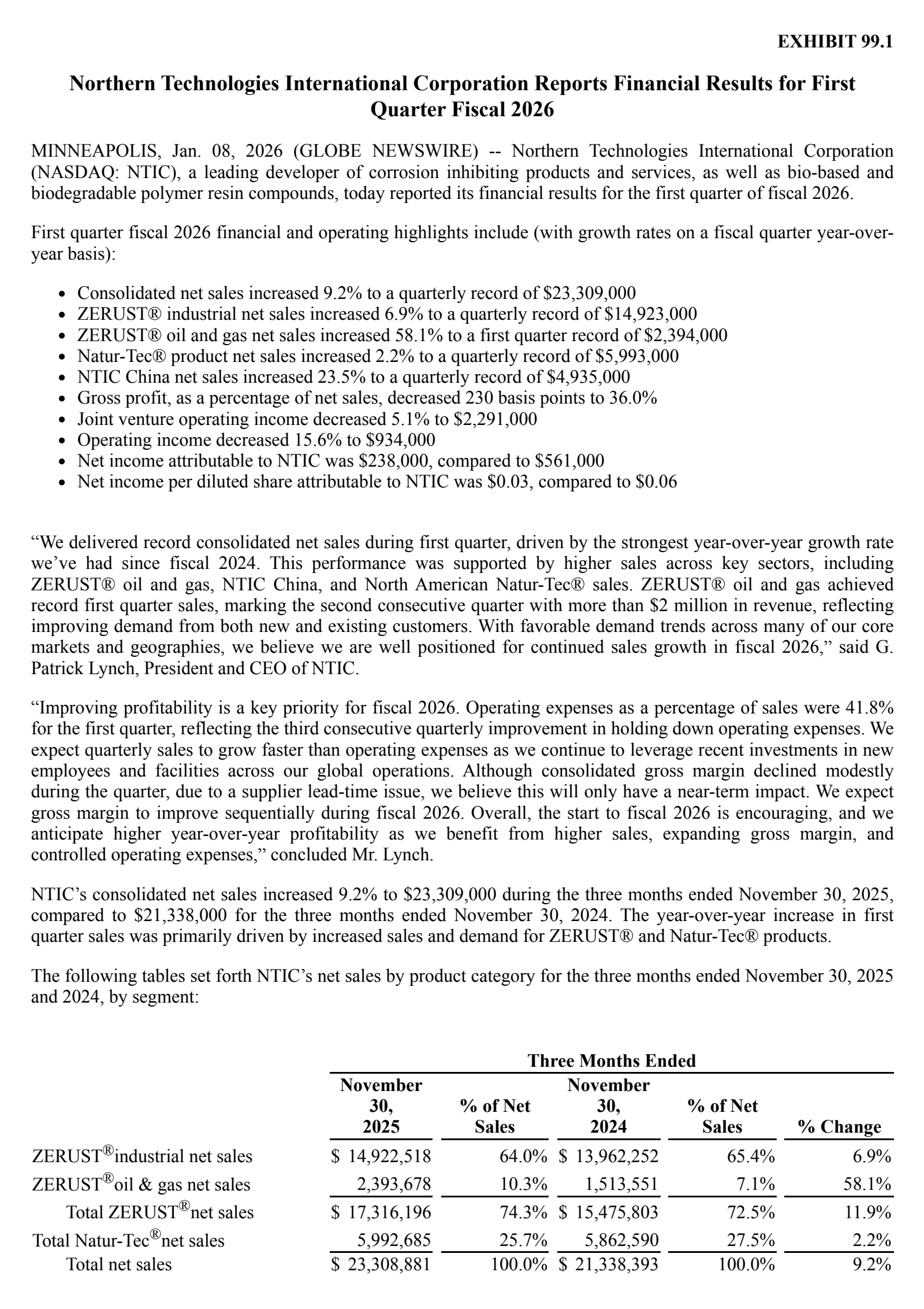 Northern Technologies International's Q1 2026 Earnings Release