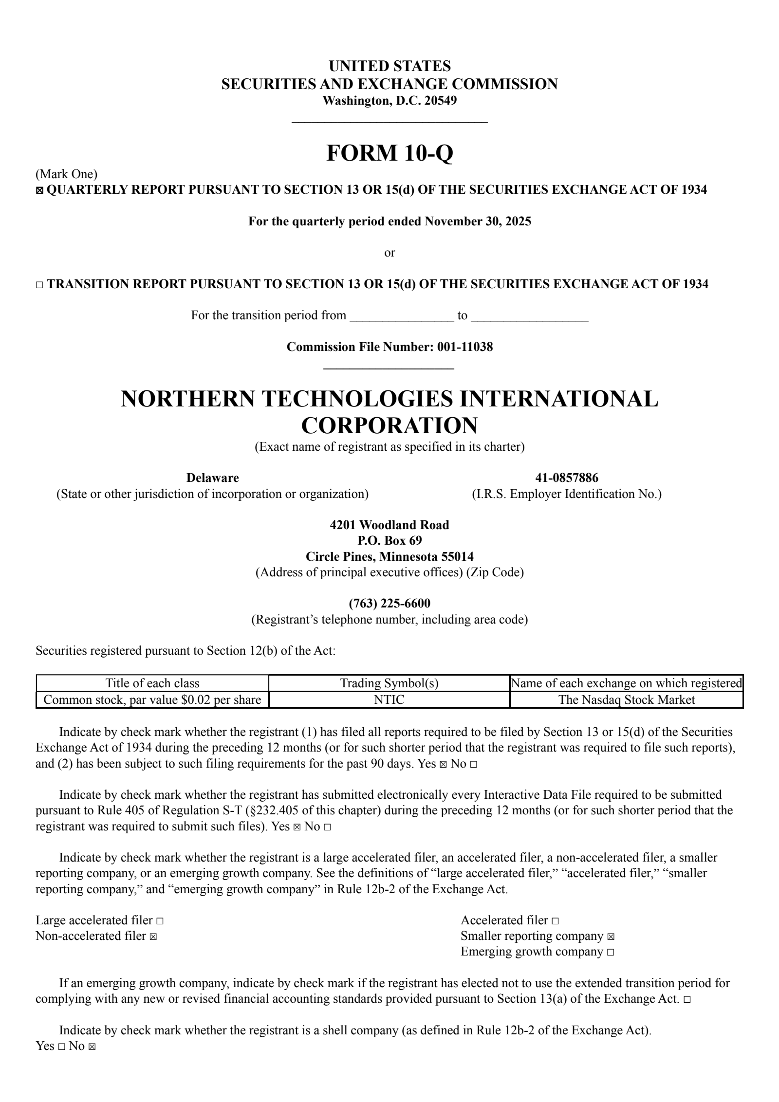 Northern Technologies International's Q1 2026 Quarterly Report